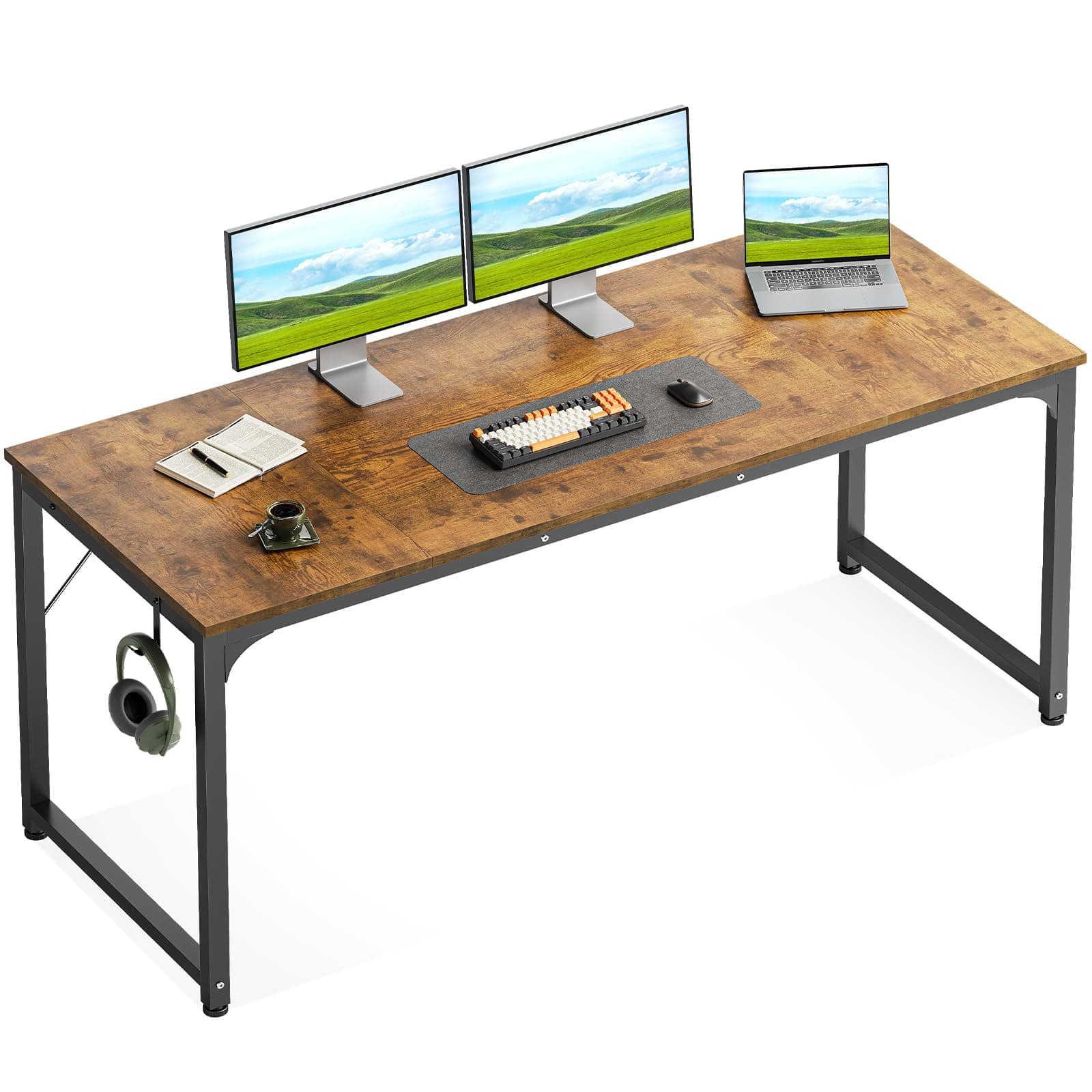 Casaottima 63 Inch Computer Desk for Home Office, Study Writing Table for Small Spaces, Simple Modern Desk with Headphone Hooks, Rustic Brown