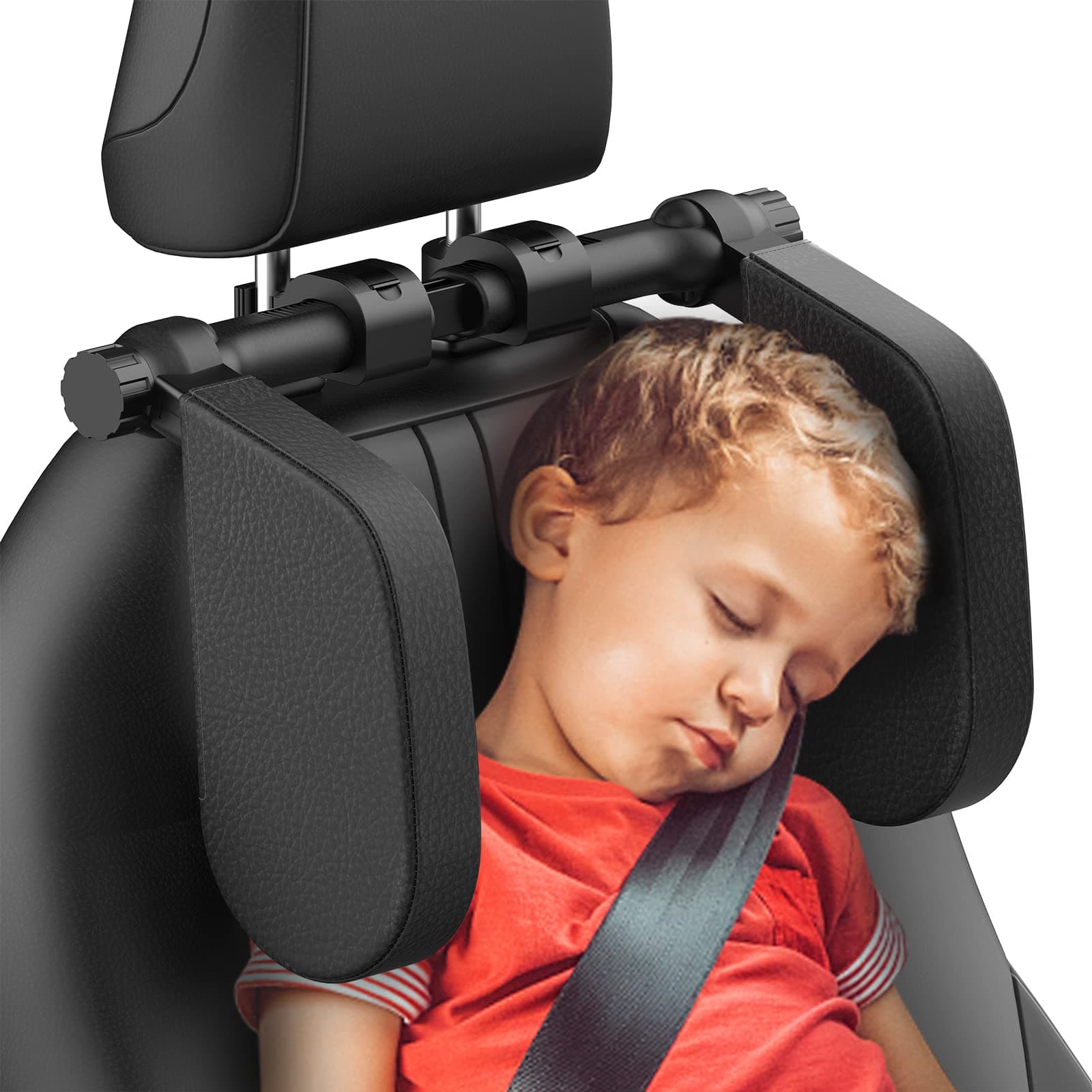 Adjustable Car Headrest Pillow, Road Pal Headrest, U-Shaped Travel Sleeping Pillow for Kids & Adults, Head Neck Support Only Suitable for Car Seat Headrest with Poles, Black