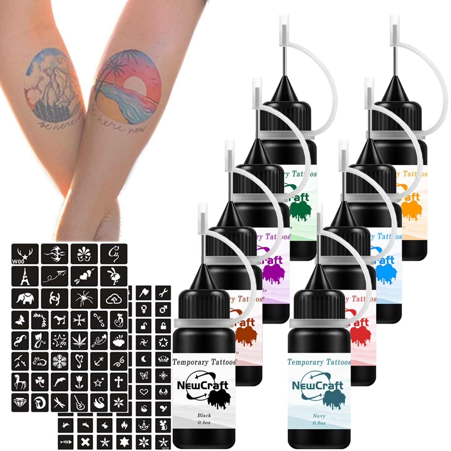 Temporary Tattoos Kit Jagua Tattoo Kit with 8 Colors Tattoo Inks, Freckles Jagua Gel for Body Art Markers, 102 Patterns Fake Tattoos stencils DIY for Men Women