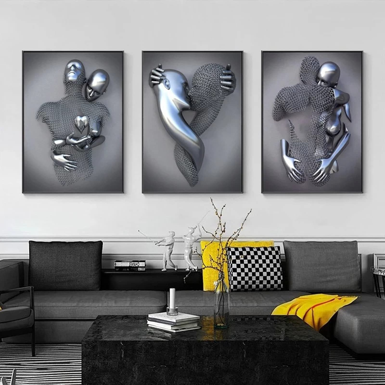 Canvas Wall Art Decor for Bedroom,16''x20'' Black and White Romantic Couple Living Room painting Poster,Hugging Lovers 3D Abstract Metal Sculpture Effect Picture for Home Hotel(Set of 3,Unframed)