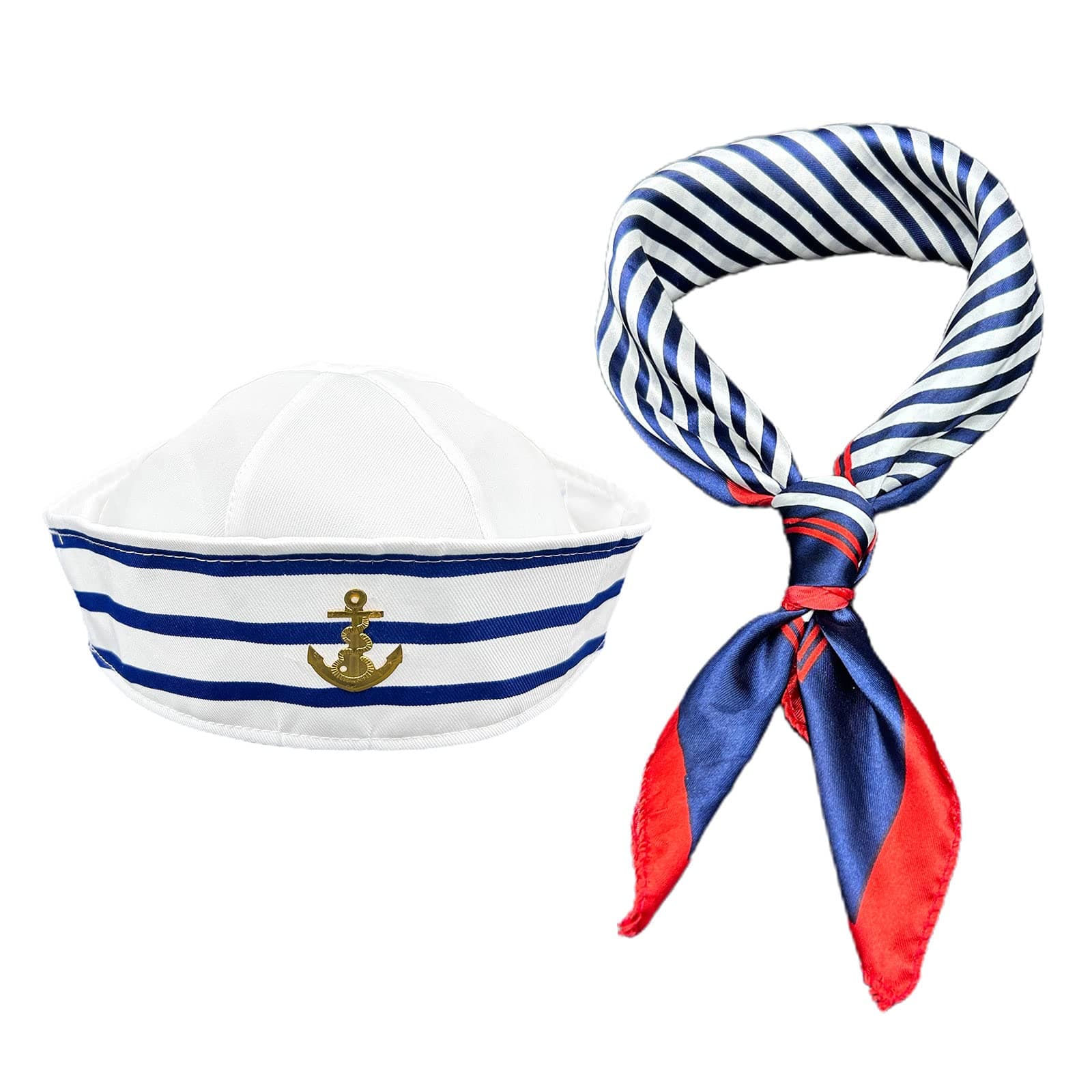 Stripes Sailor Hat and Scarf Set,Blue and White Striped Sailor Captains Hat&Red Edge Blue Bar Square Scarf,Navy Outfit Dressing Up Party for Women Men Costume Accessory
