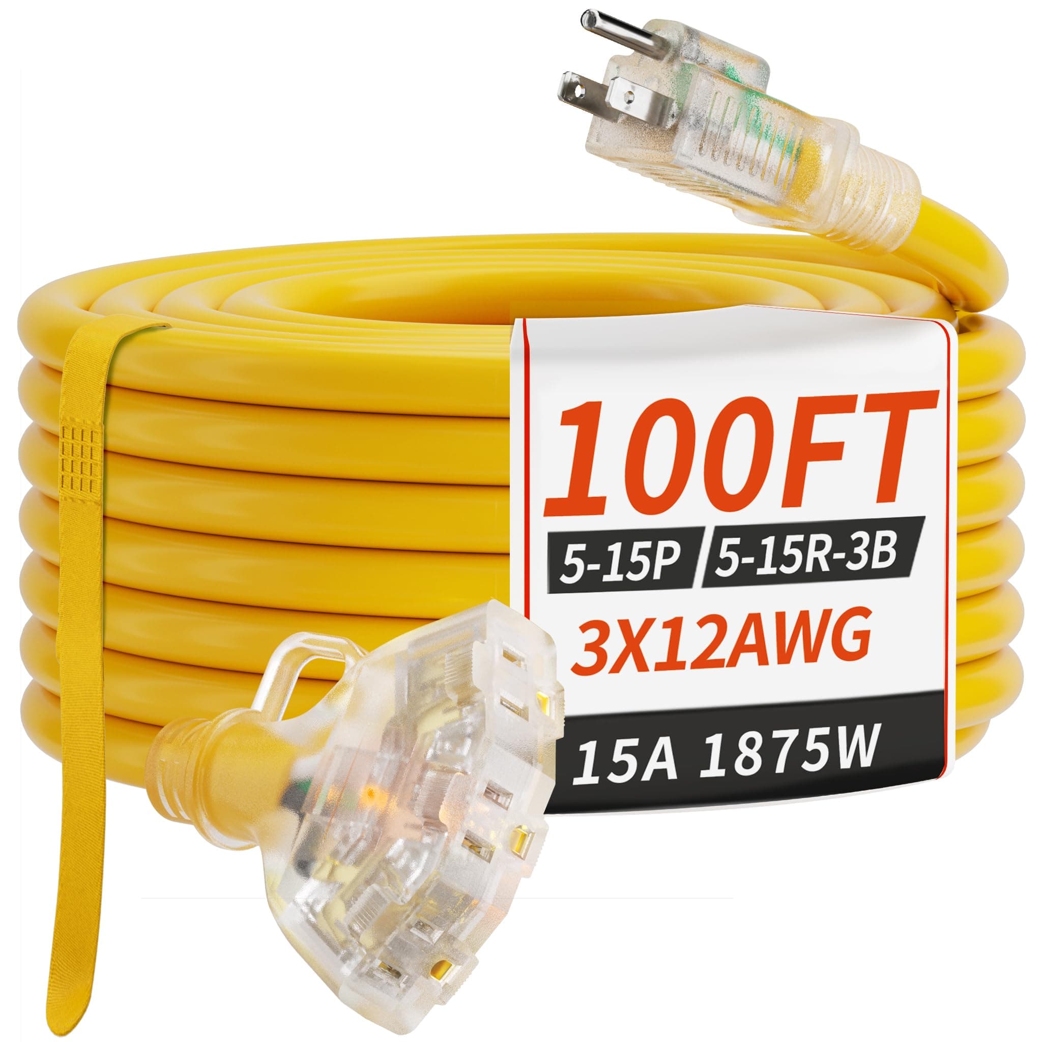 100 FT 12/3 Gauge Outdoor Extension Cord with Multiple Outlets Light Indicator, Flexible 3 Outlet Weatherproof Heavy Duty Extension Cord Waterproof Yellow, 15A 1875W 12AWG SJTW, ETL Listed