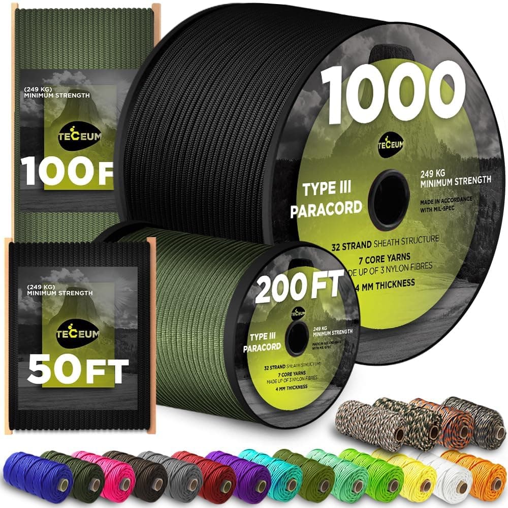 TECEUM 5/32" Paracord Rope 1000 – 1000ft / 200ft / 100ft / 50ft – Tactical Parachute Cord 4mm – 45+ Colors – Nylon String for Survival & Camping Gear – Stripe Cord for Survival – Utility Rope