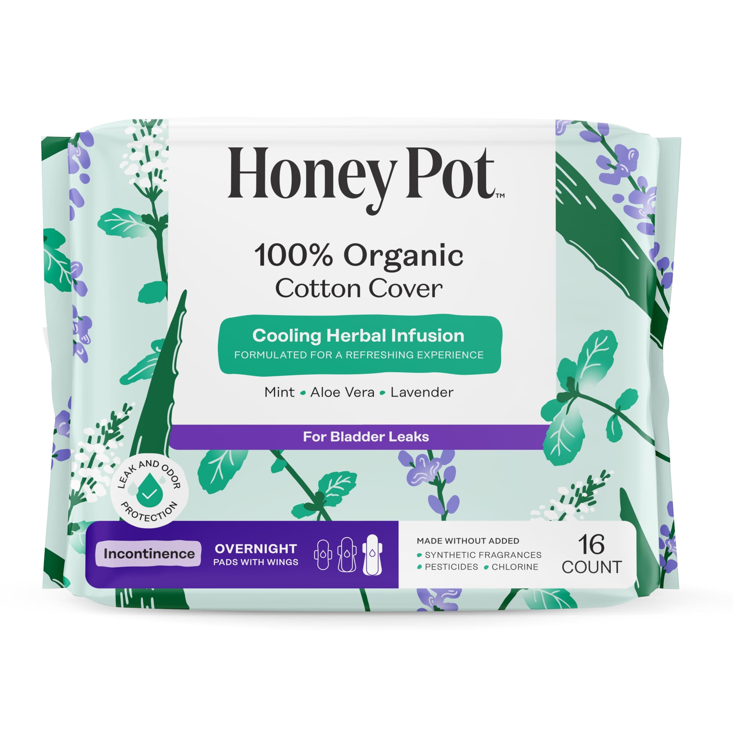 Herbal Pads for Women - Organic Incontinence Overnight w/Wings - Infused w/Essential Oils for Cooling Effect - Postpartum Essentials - Feminine Care - 16 ct