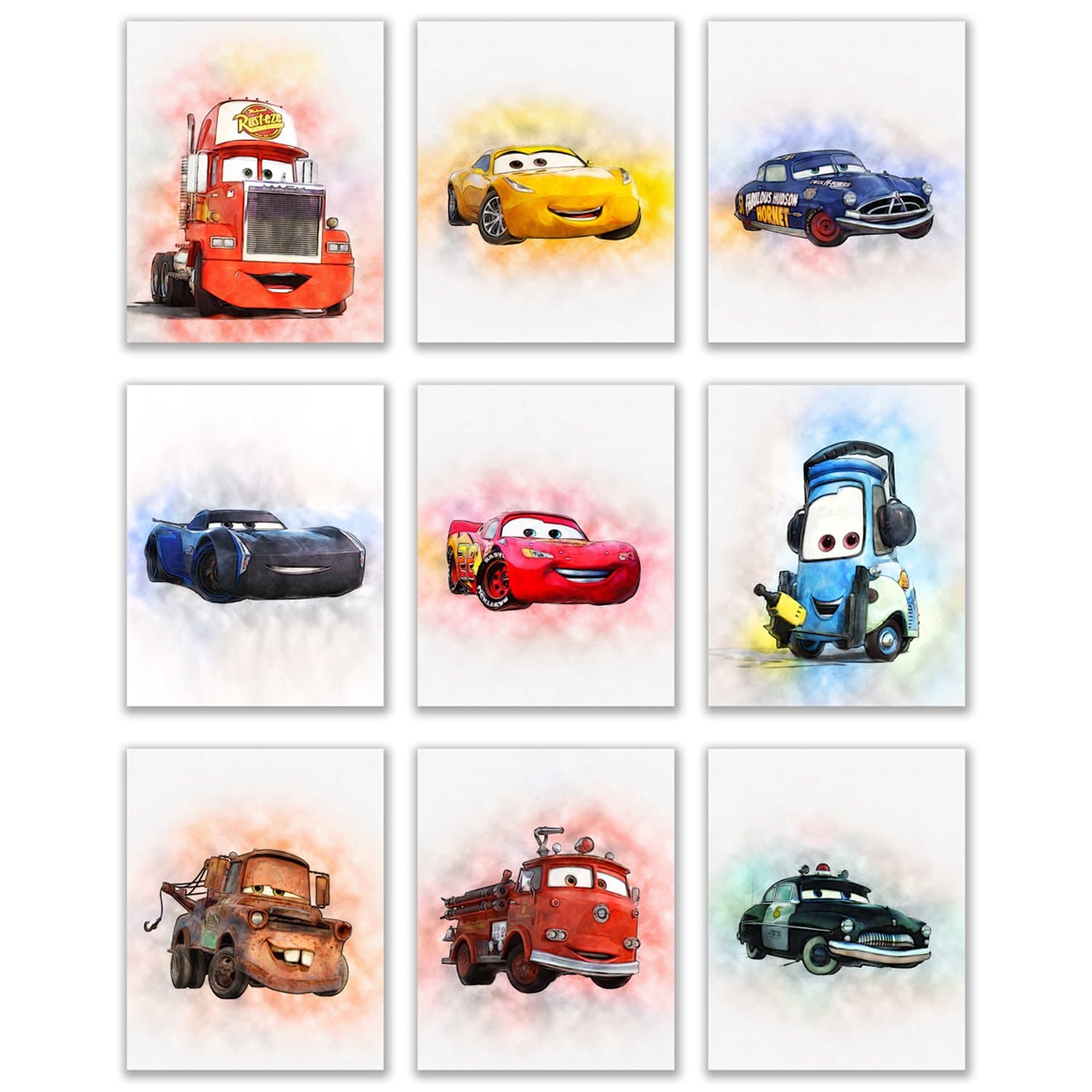Cars Movie Poster Prints - Set of 9 (8 inches x 10 inches) Watercolor Photos - Lightning McQueen Tow Mater Doc Hudson Jackson Storm Cruz Ramirez