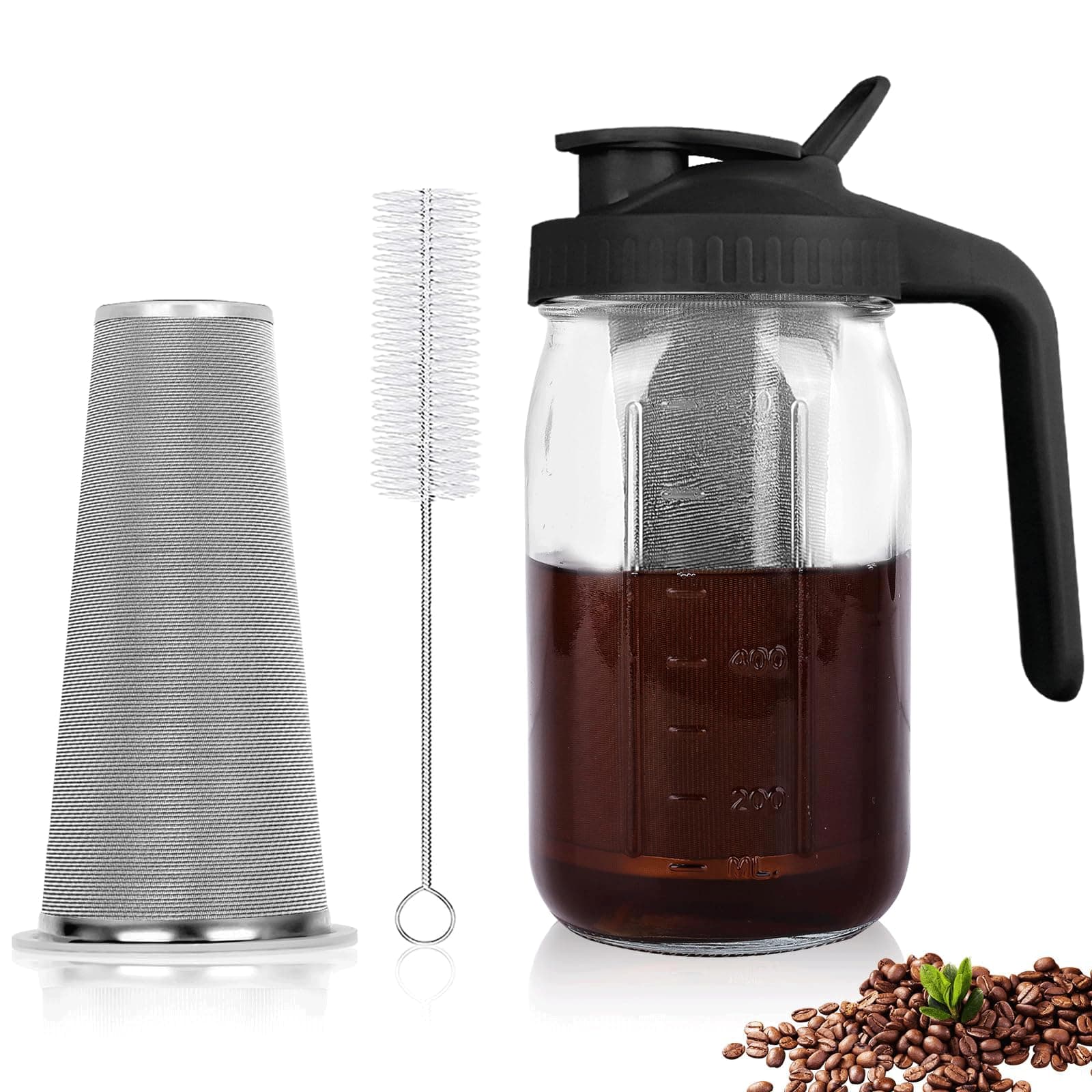 Cold Brew Coffee Maker, 32oz Cold Brew Pitcher with Stainless Steel Super Dense Filter, Durable Glass, BPA Free Sturdy Mason jar, for Iced Brew Coffee, Lemonade, Homemade Fruit Drinks Container