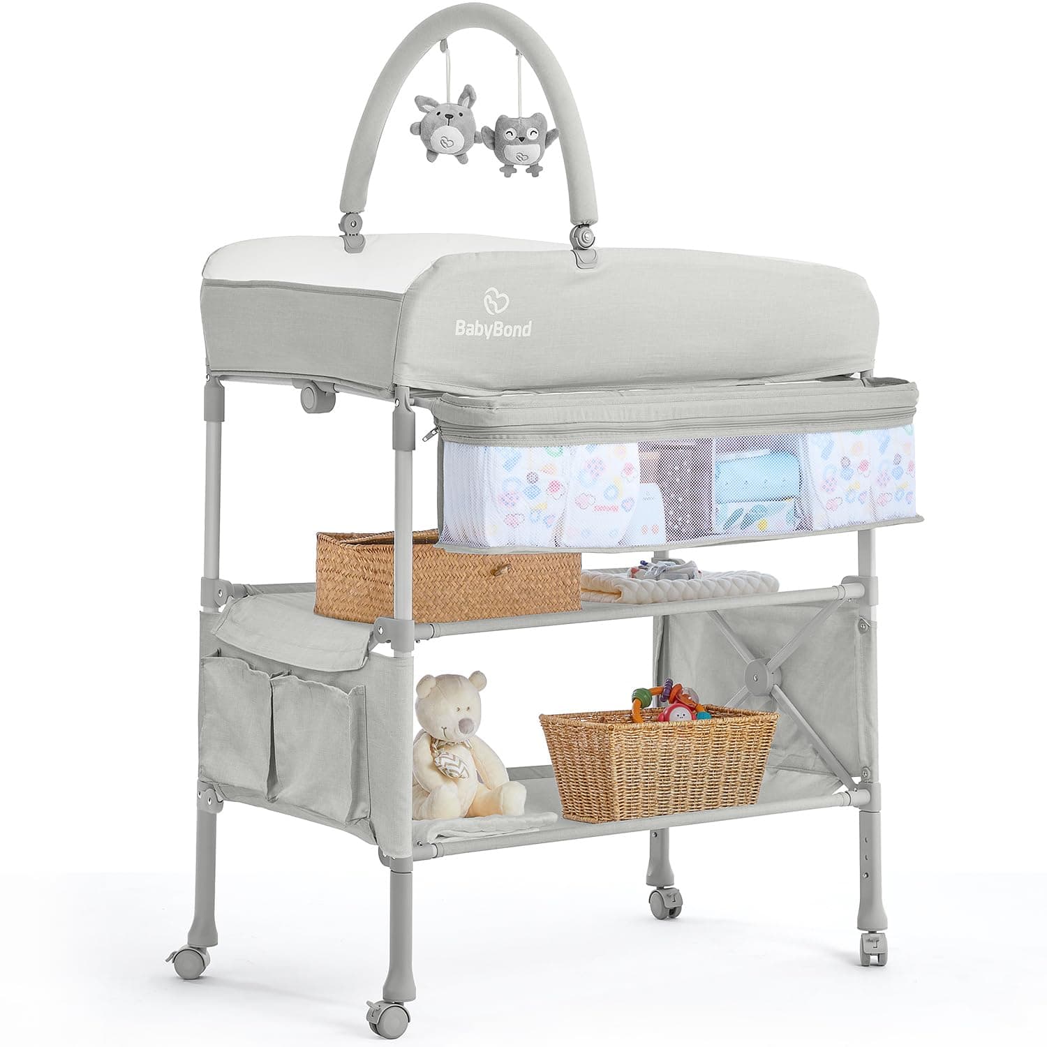 BabyBond Portable Baby Changing Table, Foldable Table Dresser Waterproof Diaper Height Adjustable Station for Infant and Newborn(Beige), BB1009