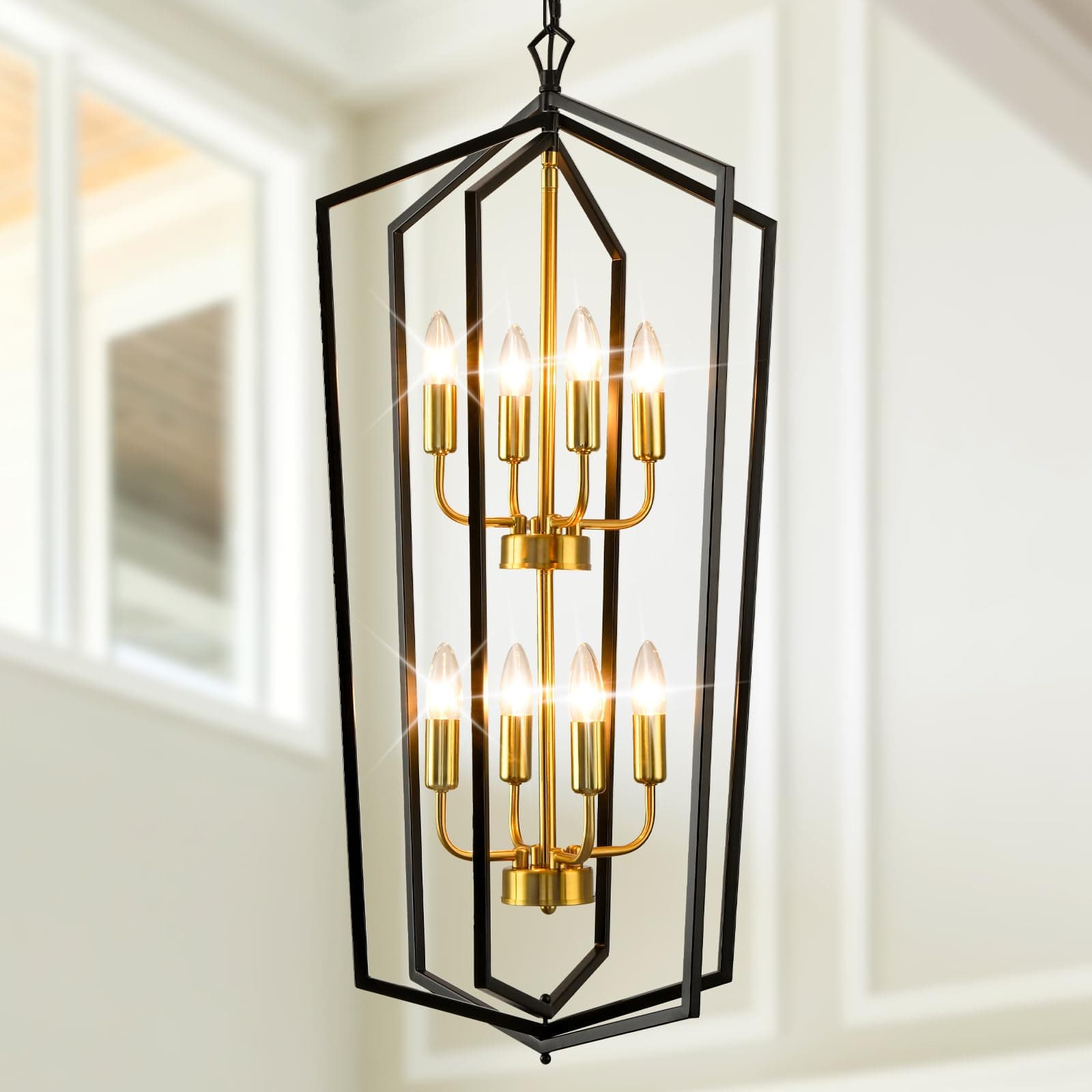 WJShome 8-Light Lantern Tiered Pendant Light Fixtures, Black and Gold Farmhouse Chandelier, Foyer Chandeliers for High Ceilings, for Dining Room, Living Room, Entryway, Staircase