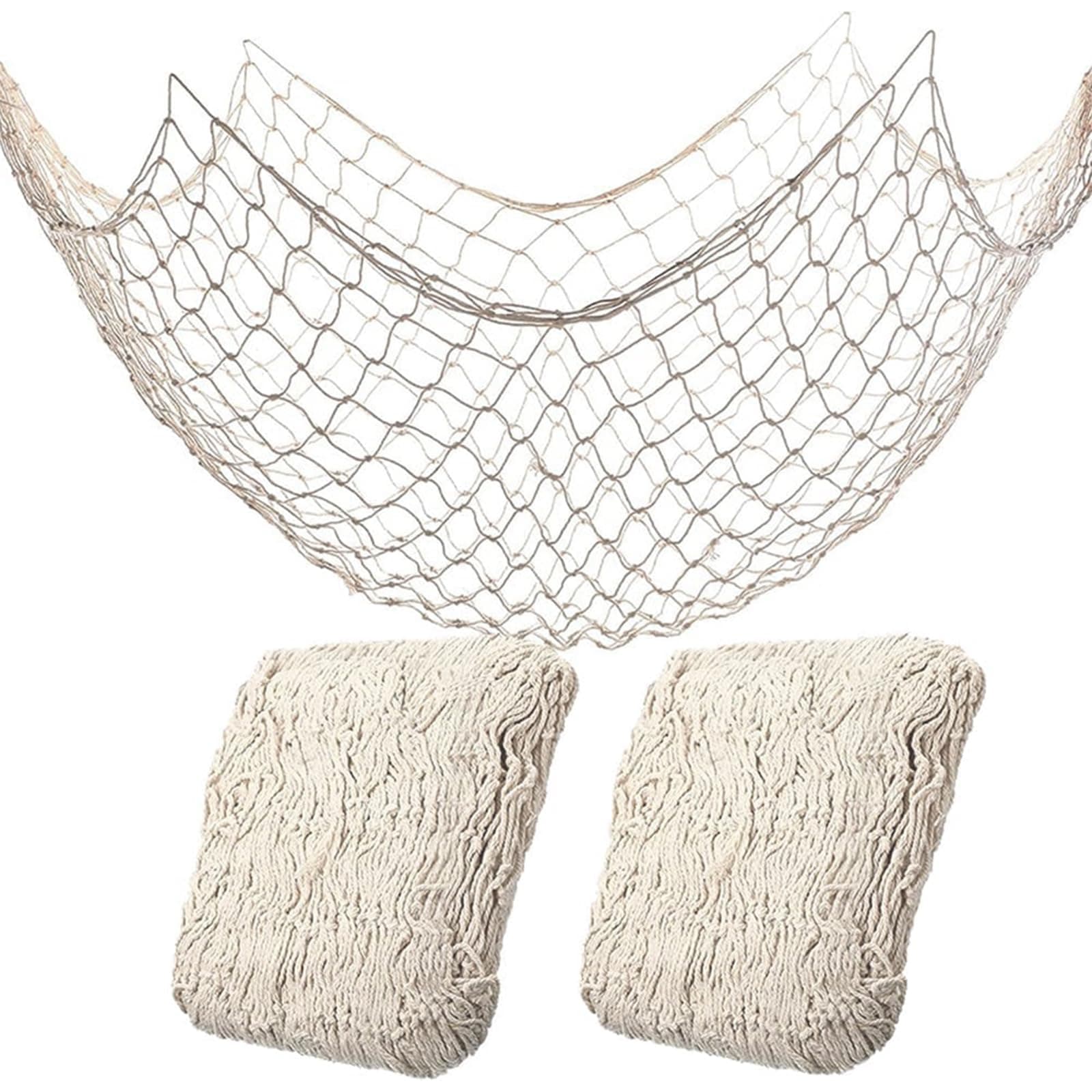 2 Pack Fish Net Decorations for Party, Natural Cotton Hawaiian Party Fishing Net Decorative, Nautical Themed Cotton Fishnet Under The Sea Pirate Ocean BeachHalloween Decor