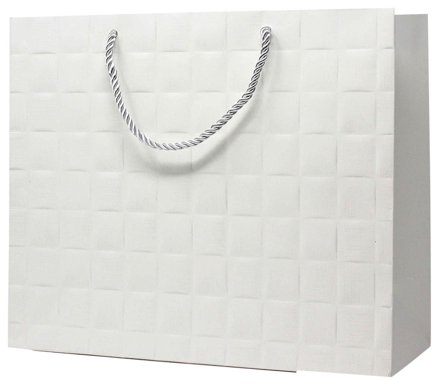 Singular Metallizing Paper Square Embossed Horizontal Paper, Shopping, Retail Bag with Rope Handle, Large, 16'' L x 12.6'' W x 4.7'' H, White, Set of 12