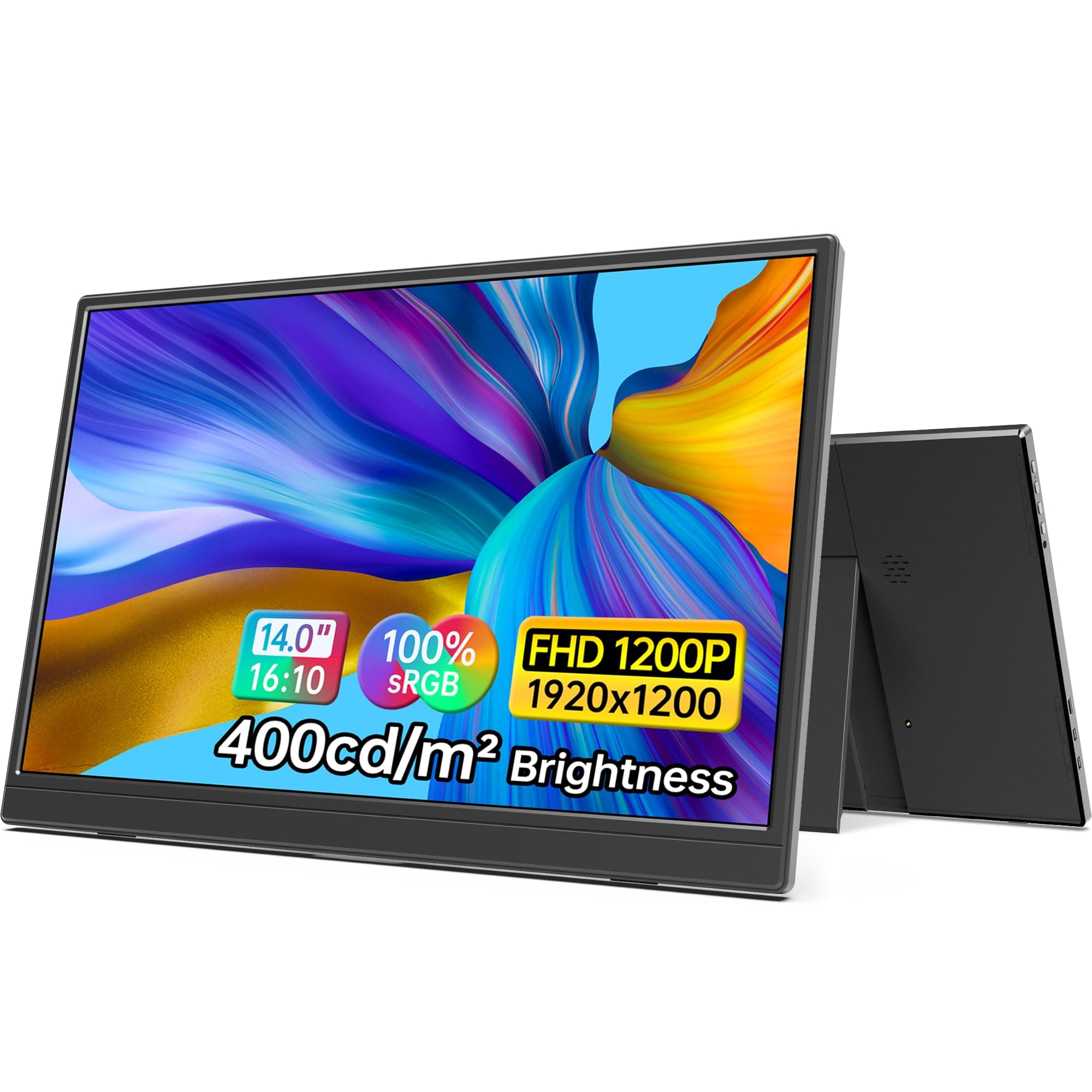 14 Inch Portable Monitor FHD1200P Ultra-Slim for Laptop Monitor, USB-C&HDMI Plug&Play,100% SRGB,Dual Speakers Extender Display. Built-in Stand,for Laptop,PC Phone Xbox PS4/5