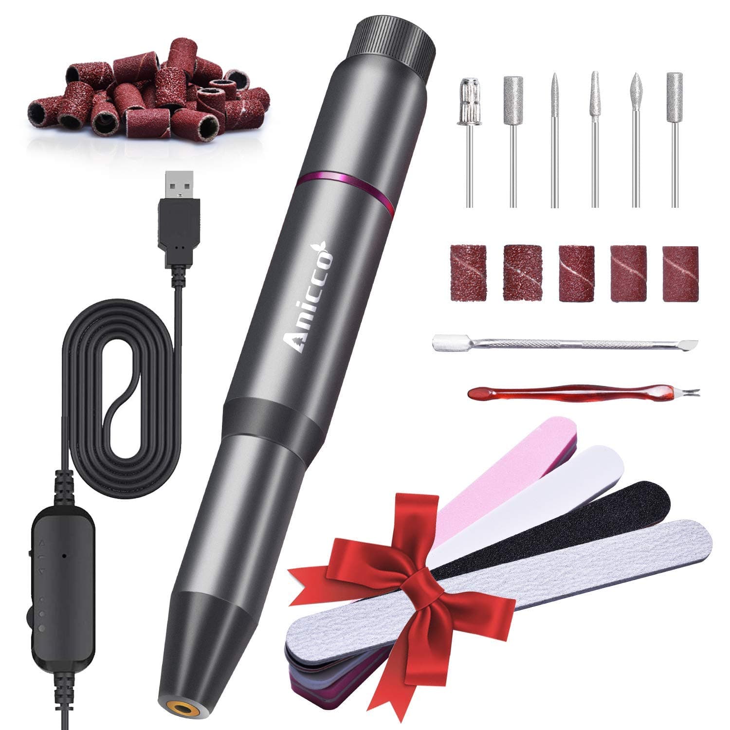 Acrylic Nail Drill Electric , Nail Drill File Portable USB Pen Manicure Pedicure Polishing 20000 RPM Adjustable Speed Gel Grinder Tools with 36Pcs Sanding Bands for Professional, Beginner