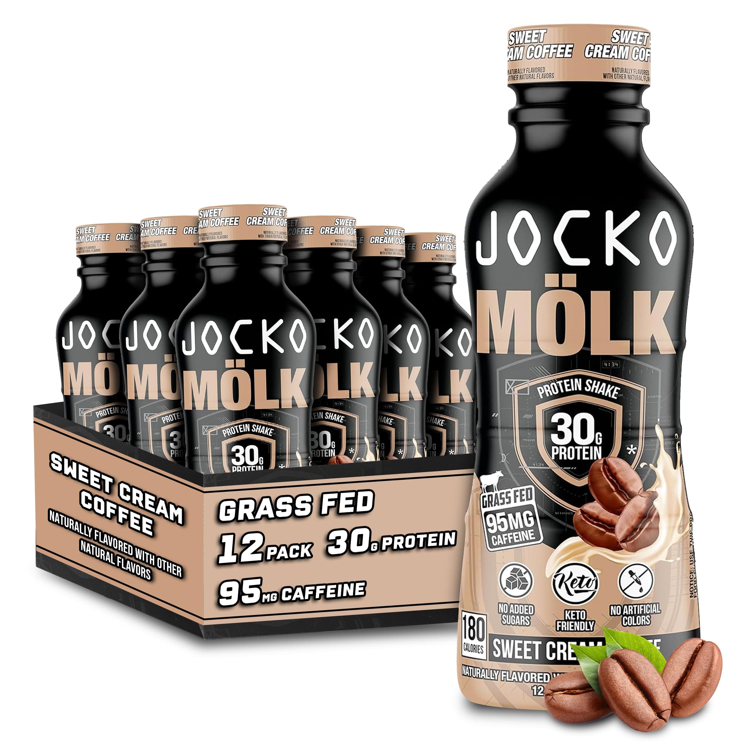 Jocko Fuel Protein Shakes – Naturally Flavored Protein Drinks, KETO Friendly, No Added Sugar, 30g Grass Fed Protein - Ready to Drink, 12 FL Oz, 12pk, Liquid (Sweet Cream Coffee)
