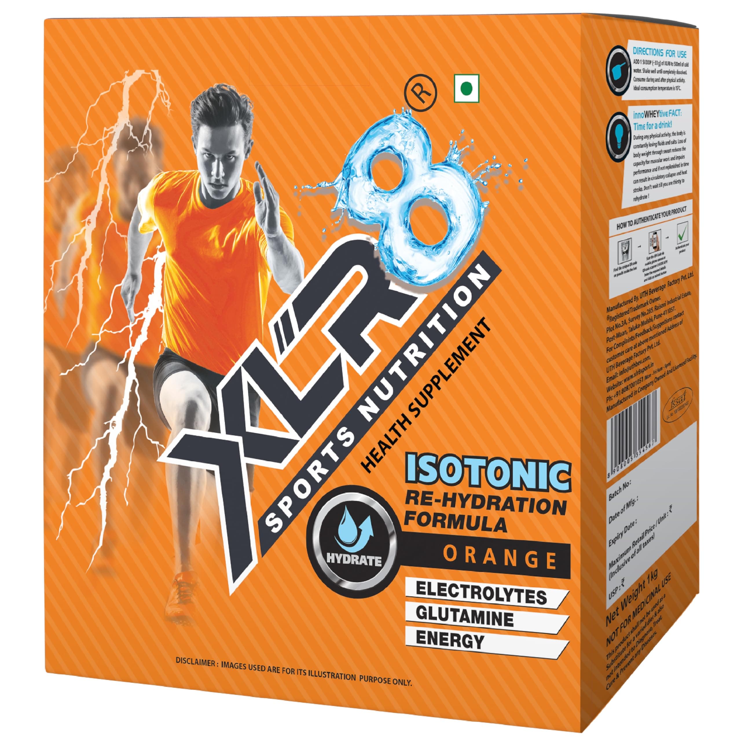 XLR8 Isotonic Electrolyte Powder, Re-Hydration Instant Formula for Extended Workout (Orange Flavour, 1Kg)