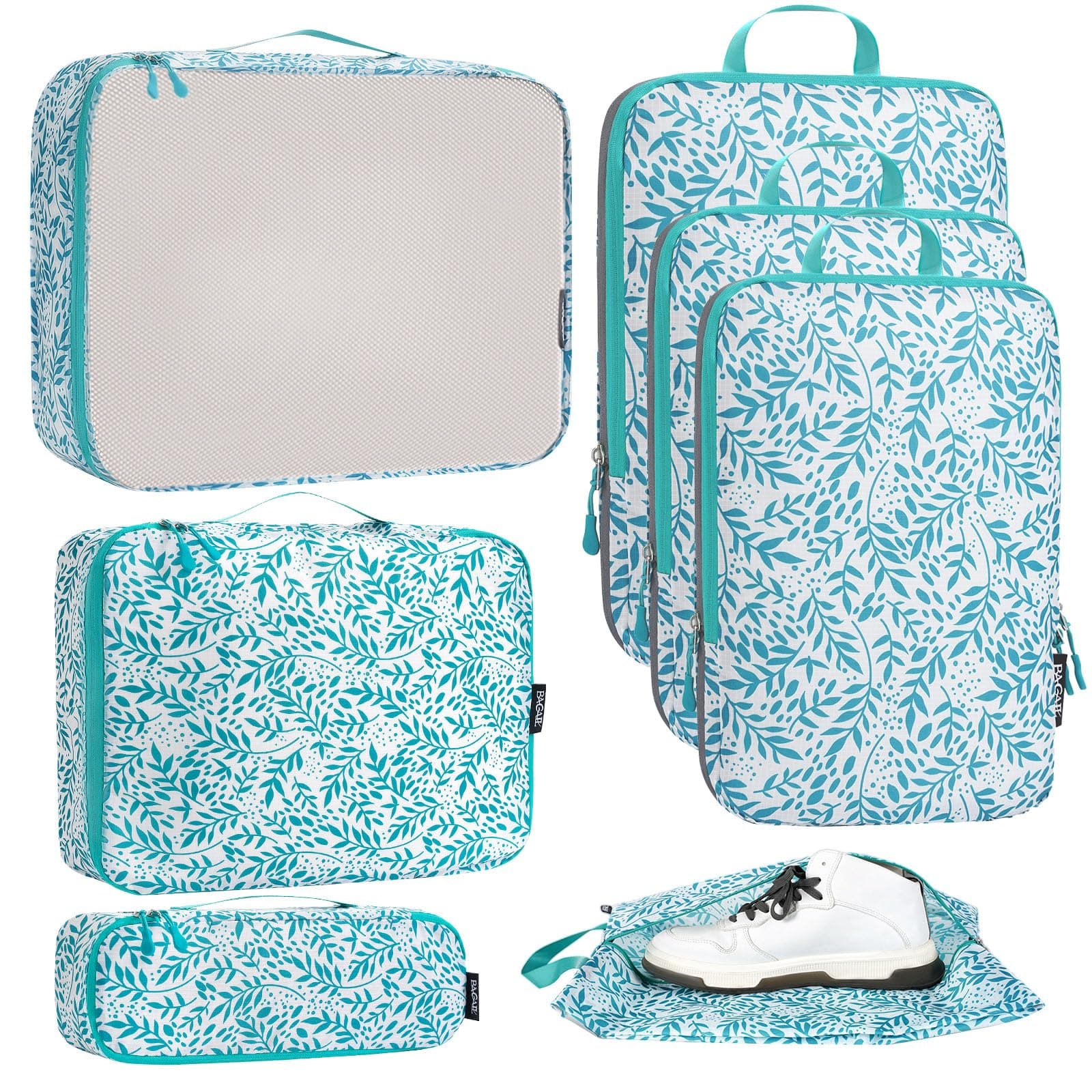 Bagail Ultralight 3 Compression Packing Cubes 3 Packing Organizers With 1 Shoe Bag-Leaf, 7 Set