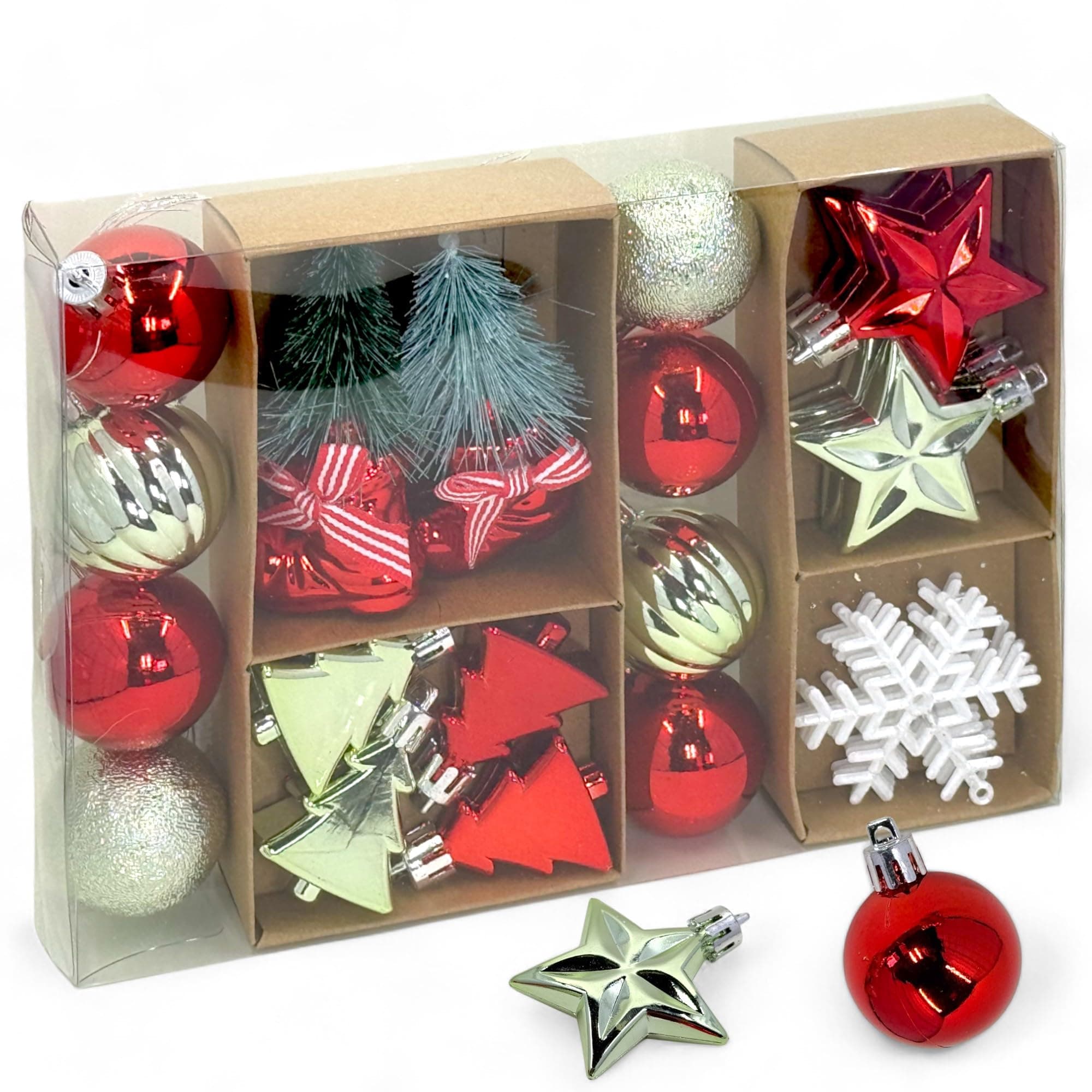 MIJOMA 22-Piece Mini Christmas Tree Decoration Set - Shatterproof Christmas Baubles and Christmas Tree Pendants, Ideal for Advent Wreath & Arrangements - Red, Silver, Light Green, White, 4-5 cm