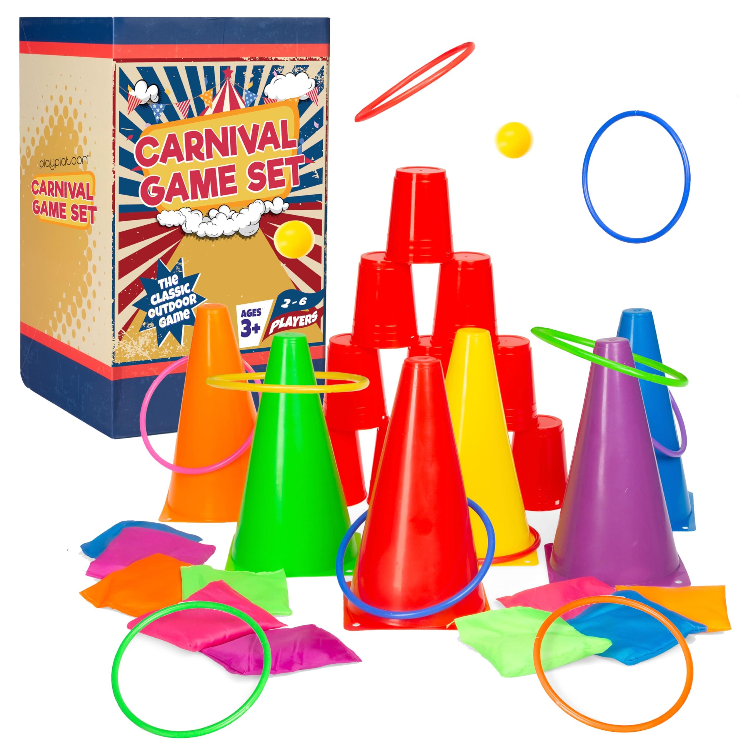 Play Platoon 38 Piece Carnival Games for Kids - Indoor Obstacle Backyard Course, Bean Bag Toss, Ring Toss, Cones, Cups, Games for Kids, Family Party Outdoor Inside