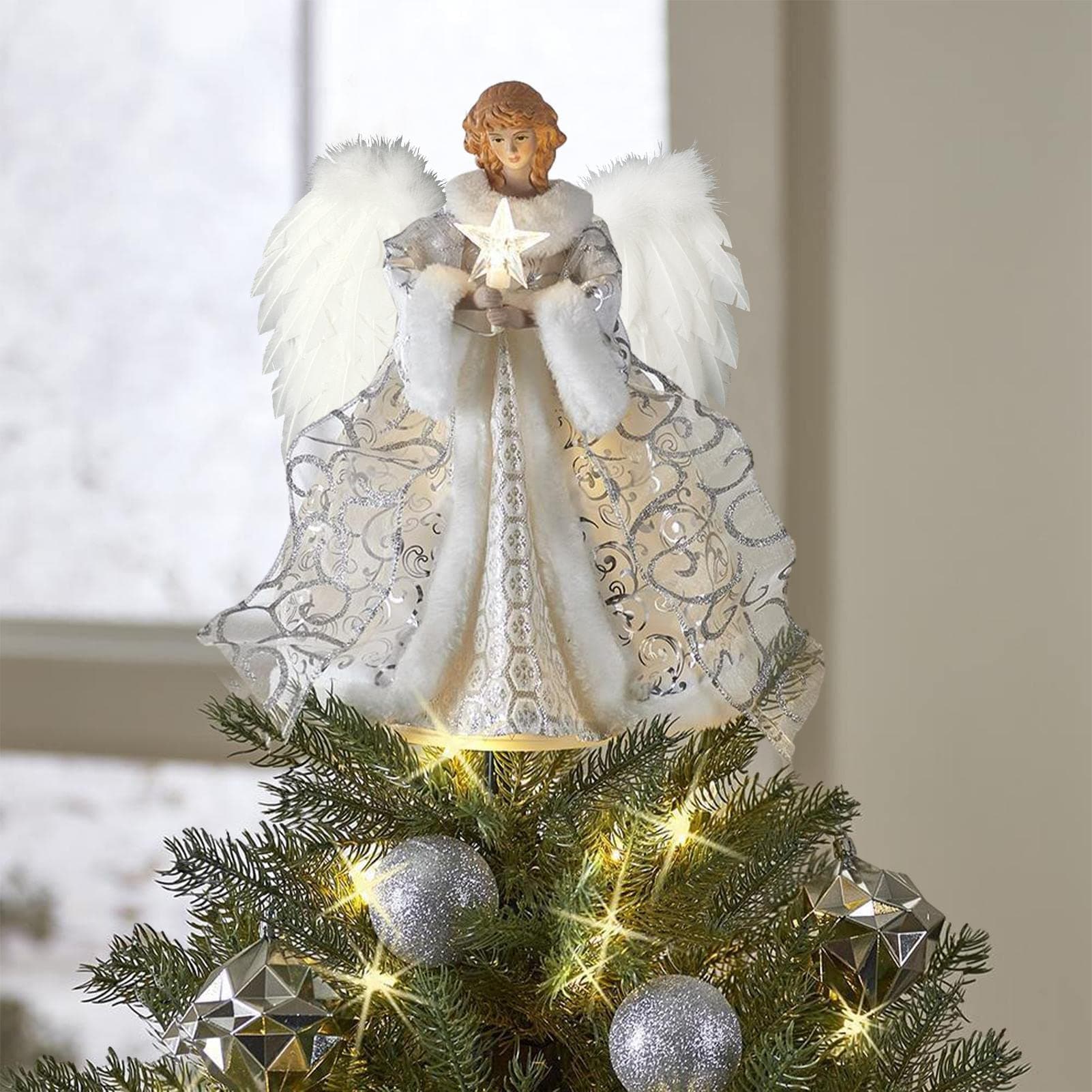 Angel Christmas Tree Topper,Angel Decoration Christmas Tree Top Topper With Feather Wings,Light Up Fairy Topper,Angel Pendant Doll Christmas Tree Decoration,30cm Tall