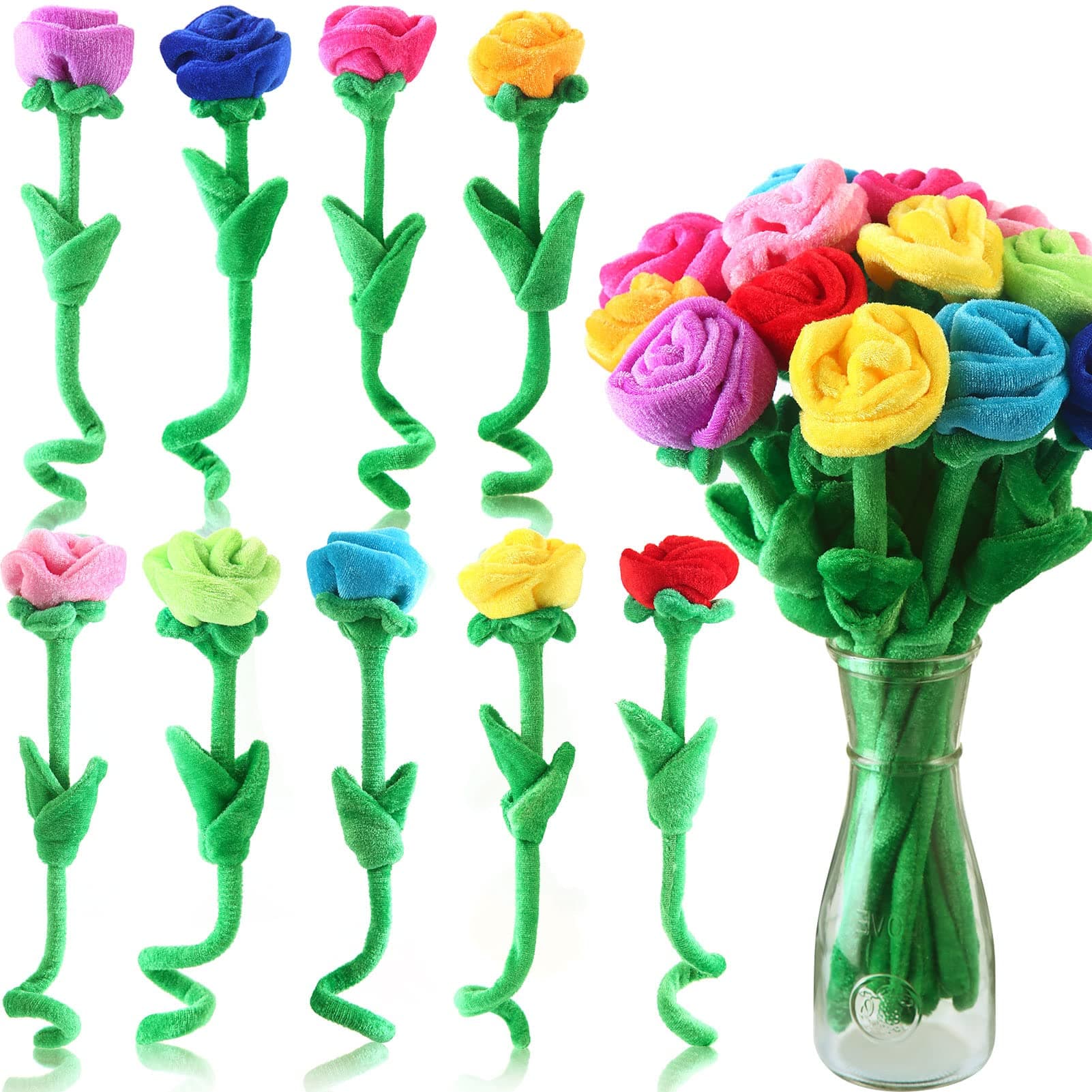 18 Pcs Plush Rose Flower Stuffed Bendable Stems Plush Bouquet Toy Soft Floral 12.6 Inch for Graduation 2025 Mother's Day Valentines Day Girl Girlfriend Wife Family and Friends(18 Pcs Colorful Series)