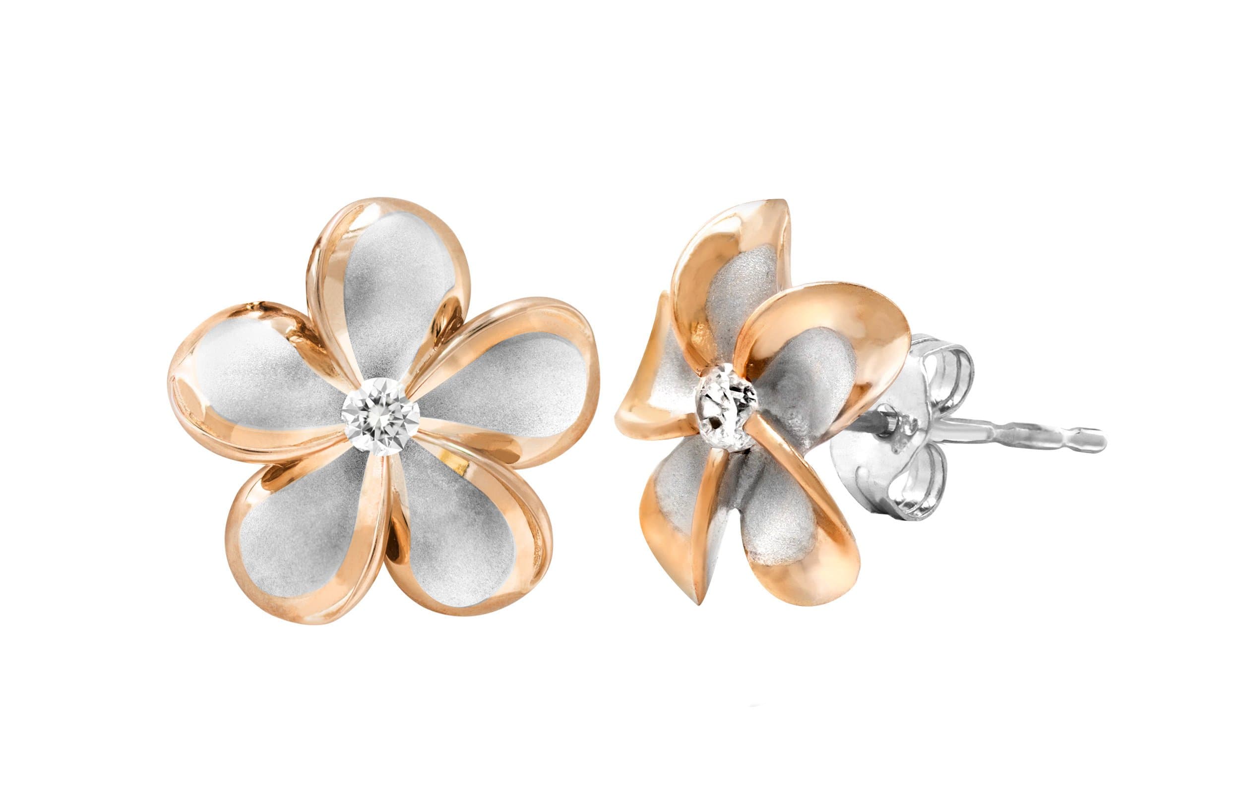 Sterling Silver with 14k Rose Gold Plated Trim CZ Plumeria Stud Earrings, 12mm