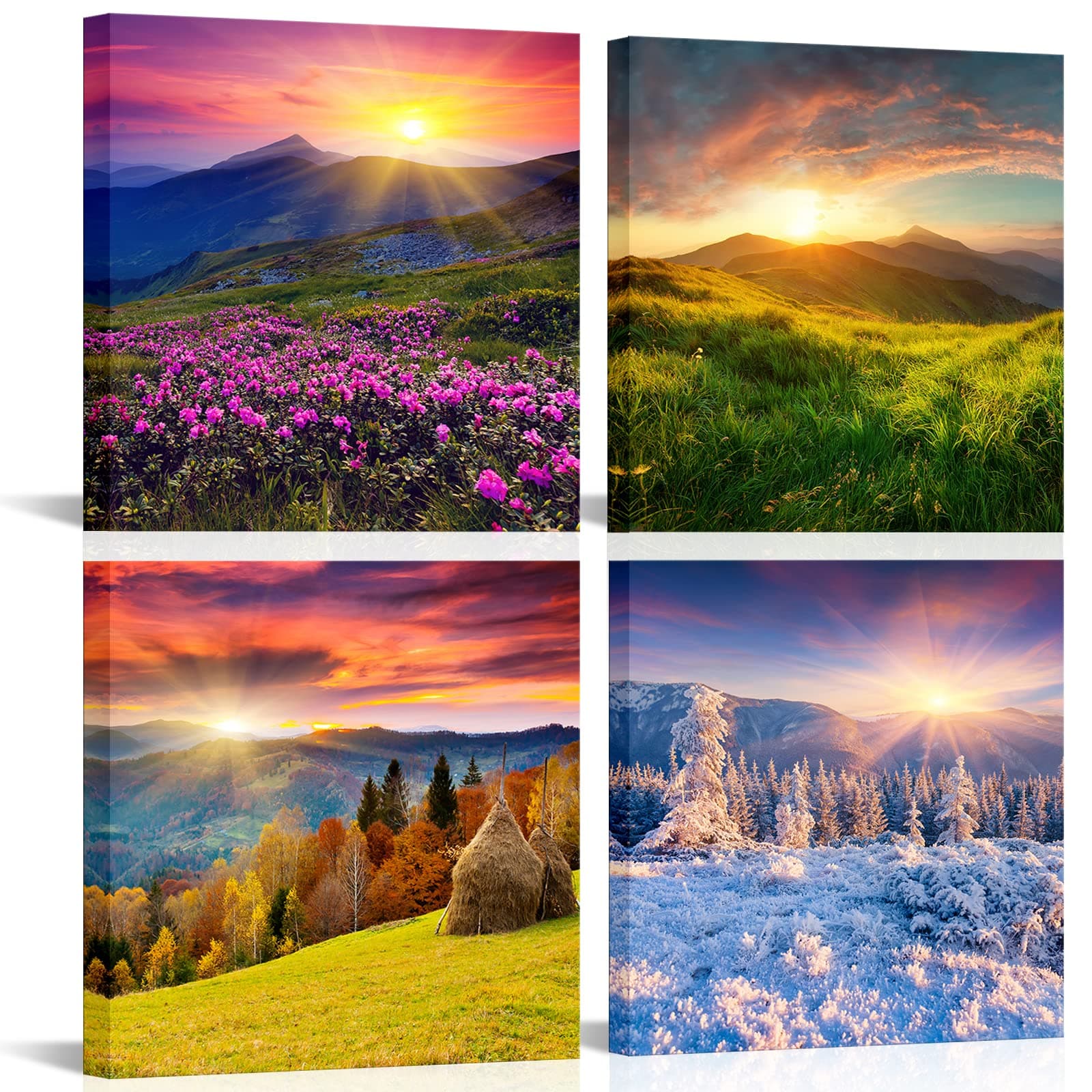 OuElegent 4 Seasons Wall Decor Four Season Mountain Canvas Wall Art Spring Summer Autumn Winter Landscape Picture Prints Framed Modern Artwork For Bedroom Kitchen Living Room 12"x12"x4 Pcs