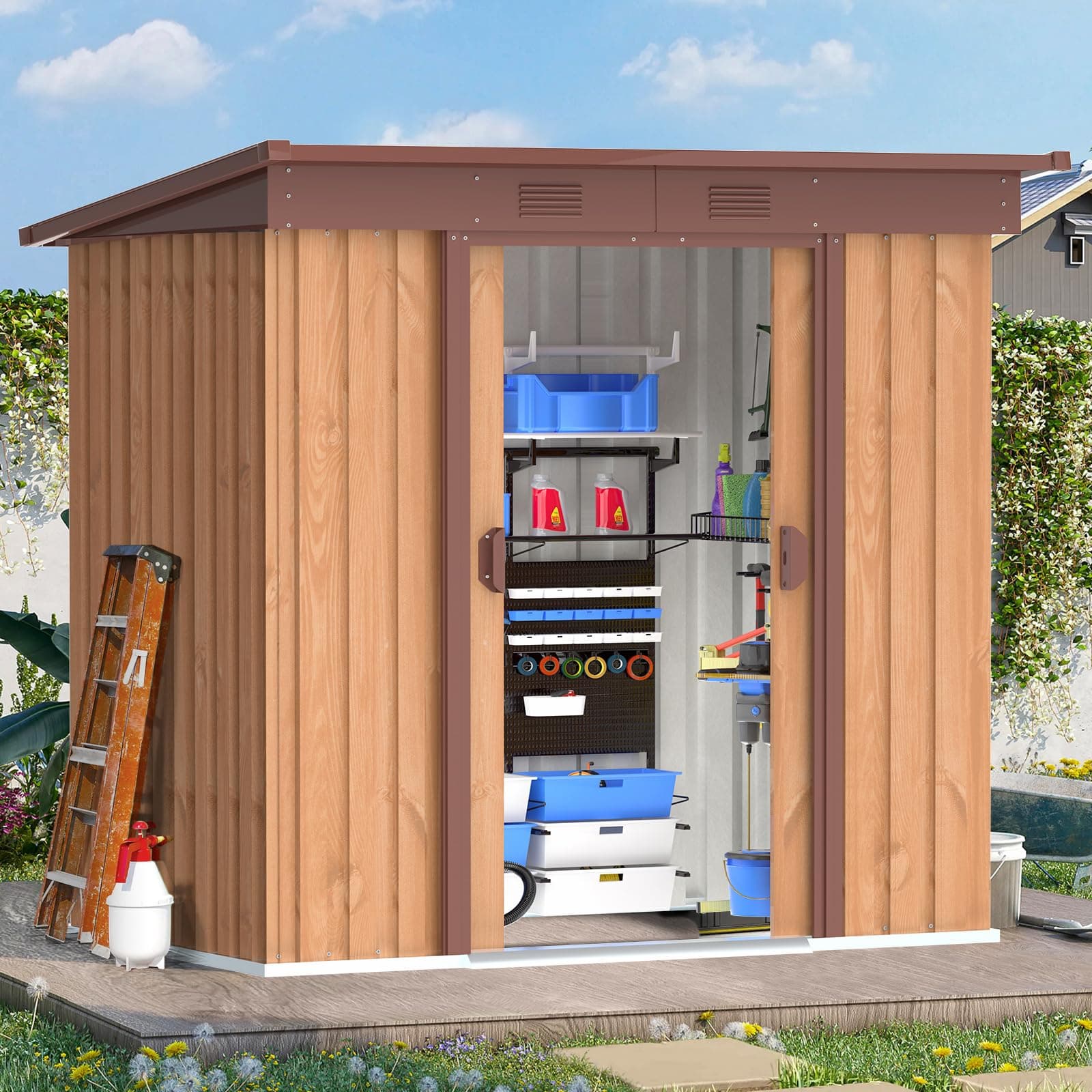 Storage Shed 5.3X3.2 FT, Outdoor Storage Shed Waterproof with Sloped Roof & Double Lockable Doors,Small Metal Sheds & Outdoor Storage With Vents, Garden Tool Shed for Bike,Toy,Lawnmower (Brown)