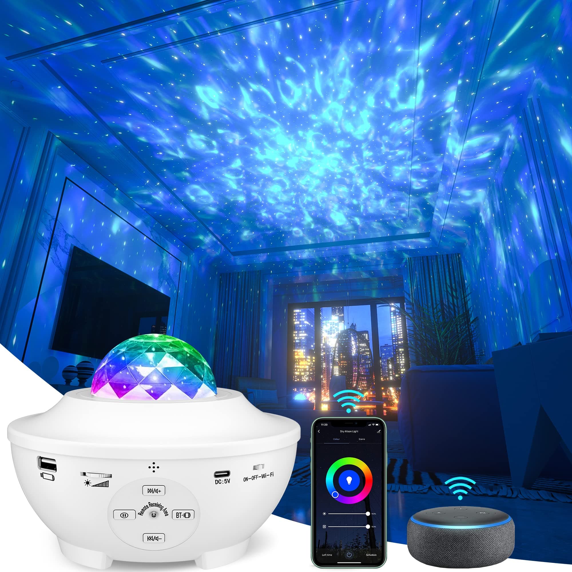 Galaxy Projector, WiFi Star Projector with Alexa Google Assistant Voice Control, LED Night Light Waves Nebulae Light Projector, Remote APP Timer Music Bluetooth Speaker Lamp for Kids Adult Room Decor