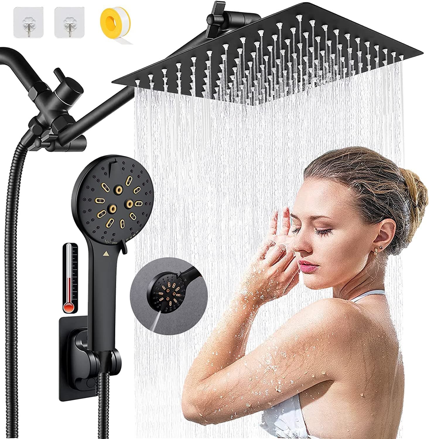 Shower Head, 10'' High Pressure Rain Shower Head with 6 Settings/Spray Handheld Shower Head Combo, 78'' Long Hose and 11'' Extension Arm, Water Temperature Reminder (Square Black Shower Heads)