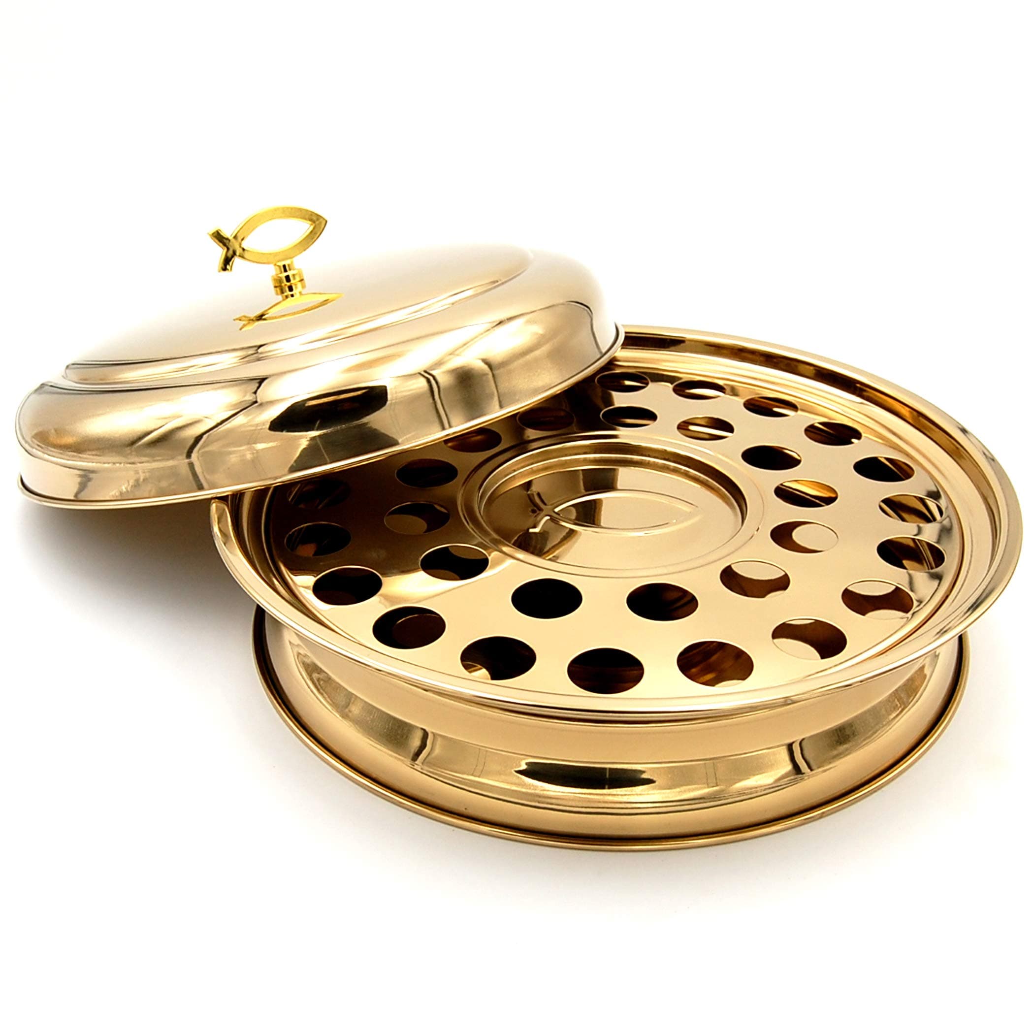 Rincon Cristiano, Inc. Communion Tray | Stackable | Base, Disk with Bread Plate Integrated and Cover | Stainless Steel | Brass Tone | Capacity for 33 Cups