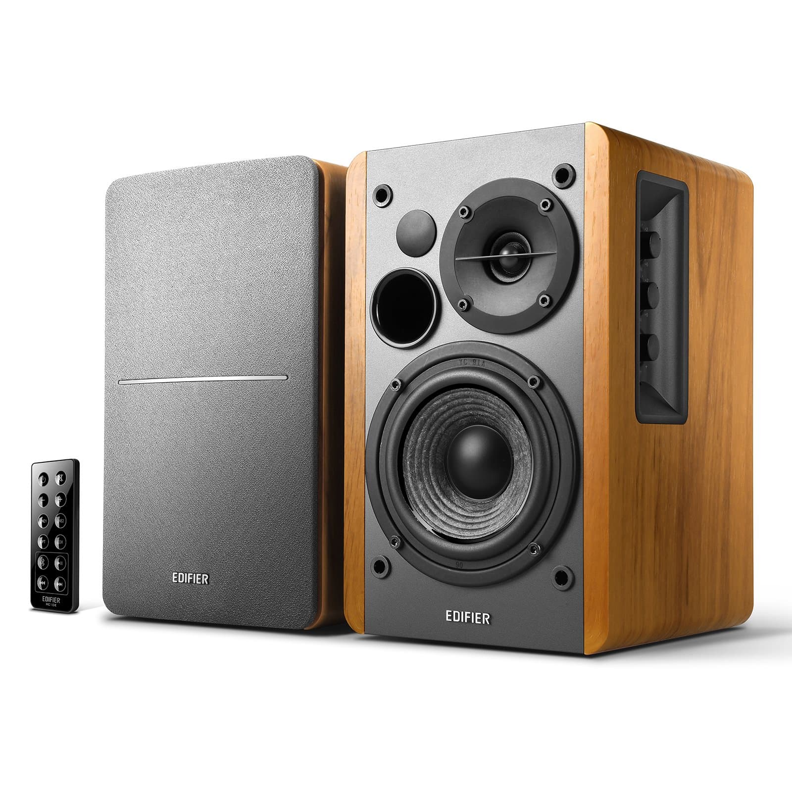 R1280DB Powered Bluetooth Bookshelf Speakers - Optical Input - Wireless Studio Monitors - 4 Inch Near Field Speaker - 42w RMS - Wood Grain