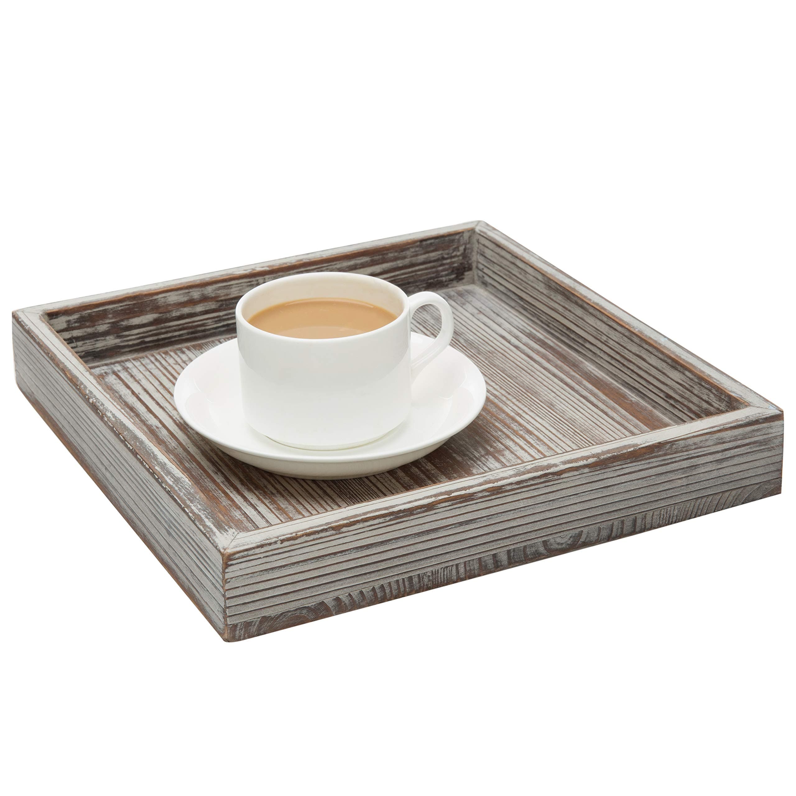 10 inch Torched Wood Decorative Tray, Ottoman Coffee Table Accent