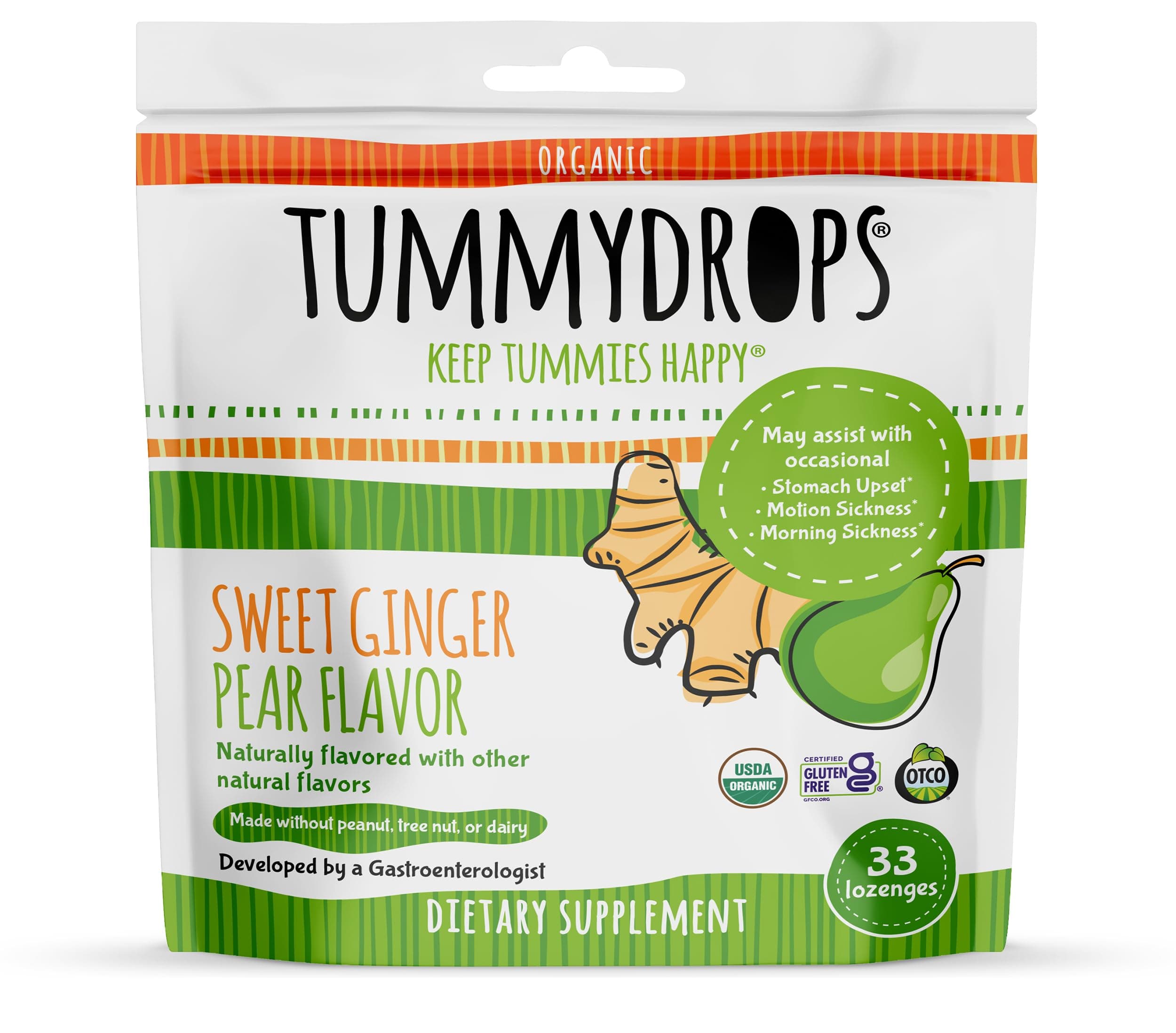 USDA Organic Sweet Ginger Pear Tummydrops, Gluten Free & Vegan. 33 Individually Wrapped Organic Ginger Lozenges in a Resealable Bag.