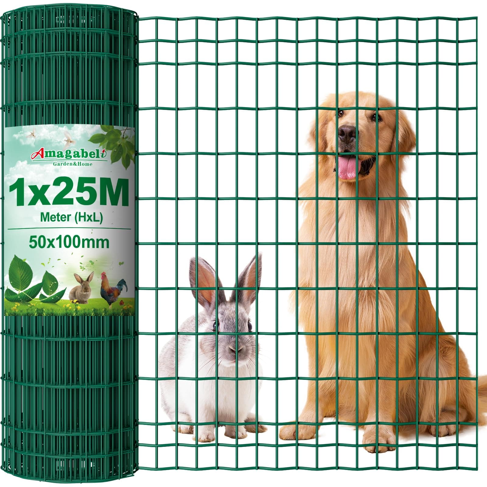 Amagabeli Garden Home 1M X 25M Green Wire Mesh Fencing RAL6005 PVC Coated 50 x 100mm Mesh Size 2.1mm Wire Diameter Galvanized Wire Fence Poultry Netting Chicken Wire Hardware Cloth