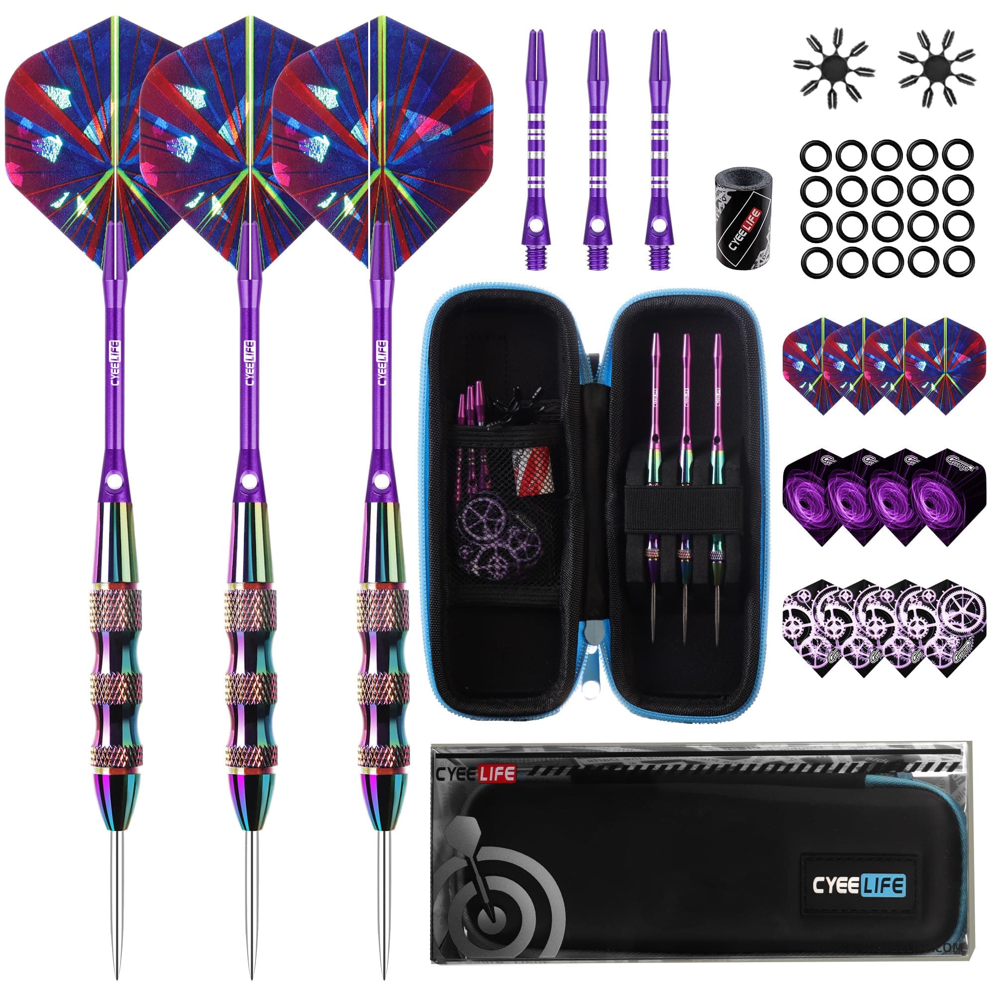 CyeeLife Darts with Metal Tip 22 g, 3 Pieces Professional Steel Darts, 6 Aluminium Shafts, 12 Flights, 20 Anti-Loose Rubber Rings, 1 Sharpener, 1 Dart Case, Steel Darts Set