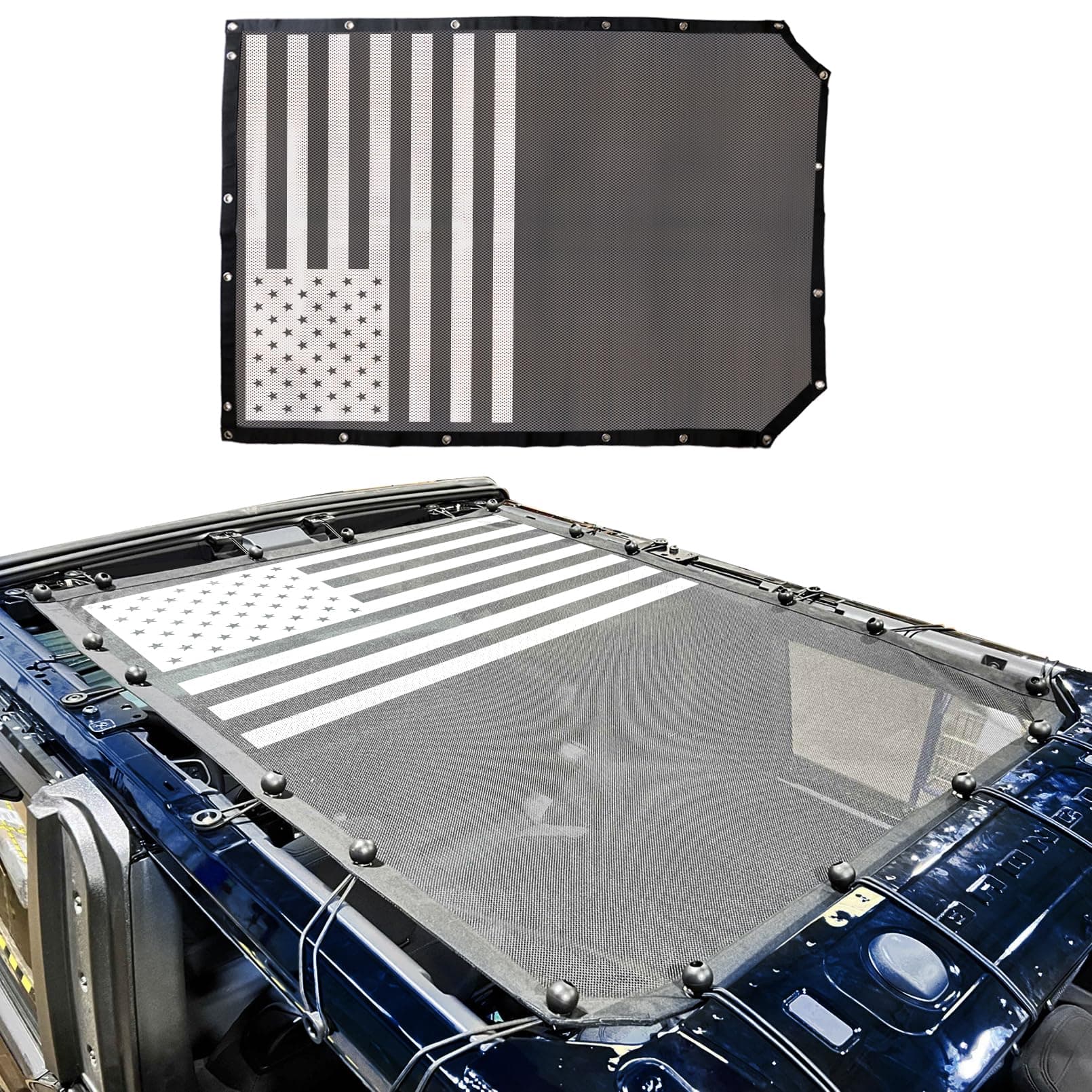 2 Door Sunshade for Ford Bronco,Mesh Sun Shade Bikini Top Cover Bimini Top for Ford Bronco Accessories 2021 2022 2023 2024 2025 2026 2 Door - Blocks UV, Wind, Noise(Flag)