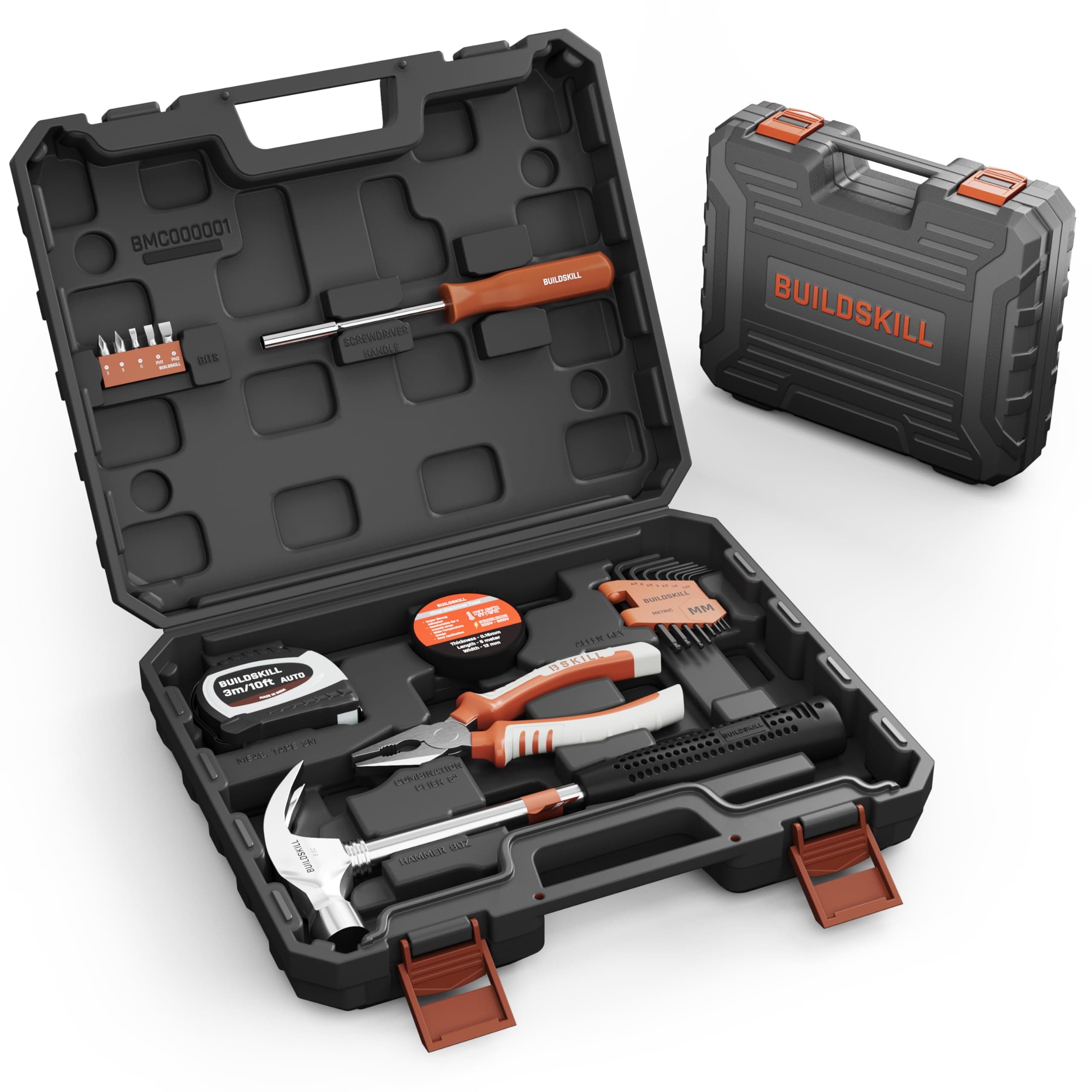 BUILDSKILL Hand Tool Kit Home & DIY, Includes Auto Lock 3M Measuring Tape, Claw Hammer, Screwdriver, Combination Plier, Allen Key Set, Electrical Tape, 18 pieces Toolkit (6 Months Warranty)