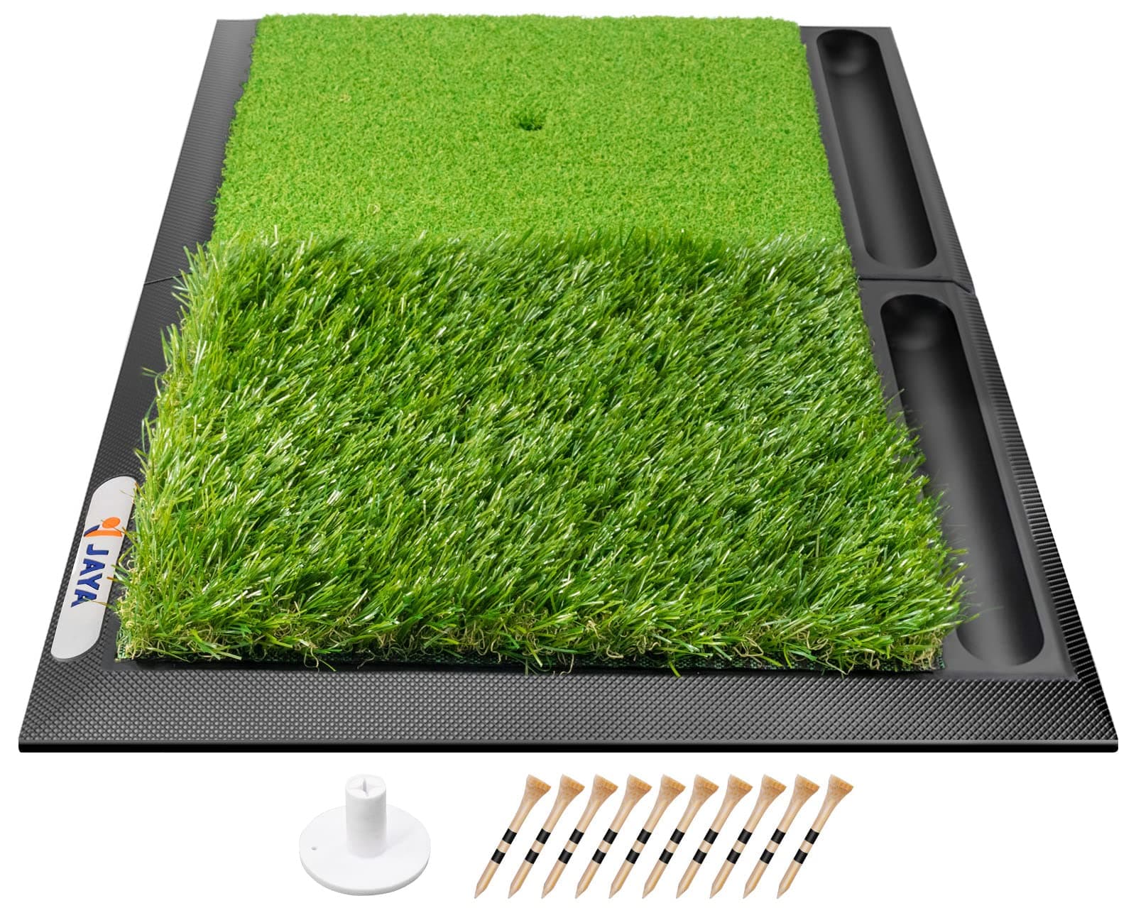Jaya Golf Hitting Practice Mat, Two Options (Heavy Rubber Base Dual-Turf Mat with Ball Tray, Tri-Turf Mat with Practice Golf Balls), Portable Golf Training Mat for Indoor and Outdoor