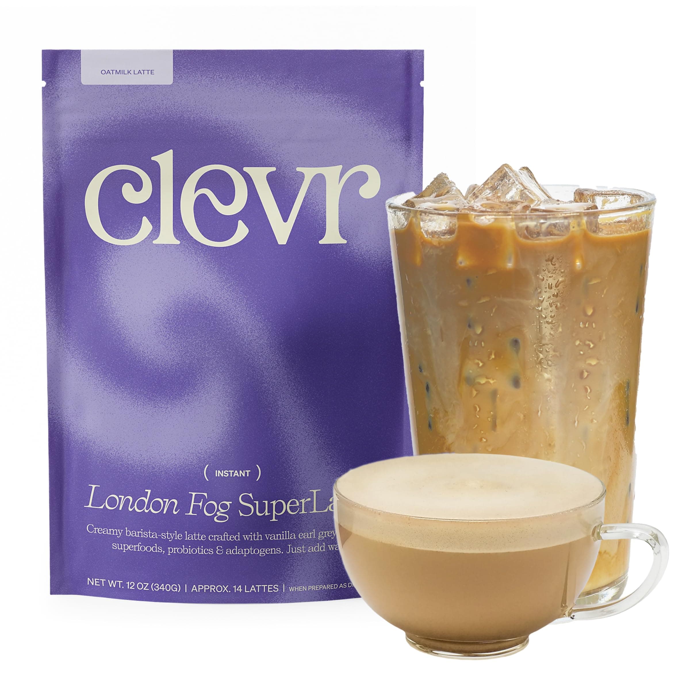 Clevr Blends London Fog Latte, Vegan, Earl Grey Instant Tea Mix, Superfood Powder Blend with Oat Milk, Black Tea, Reishi Mushroom, Organic Spices, Coconut Cream, Ashwagandha, Serve Hot or Iced, 12 oz