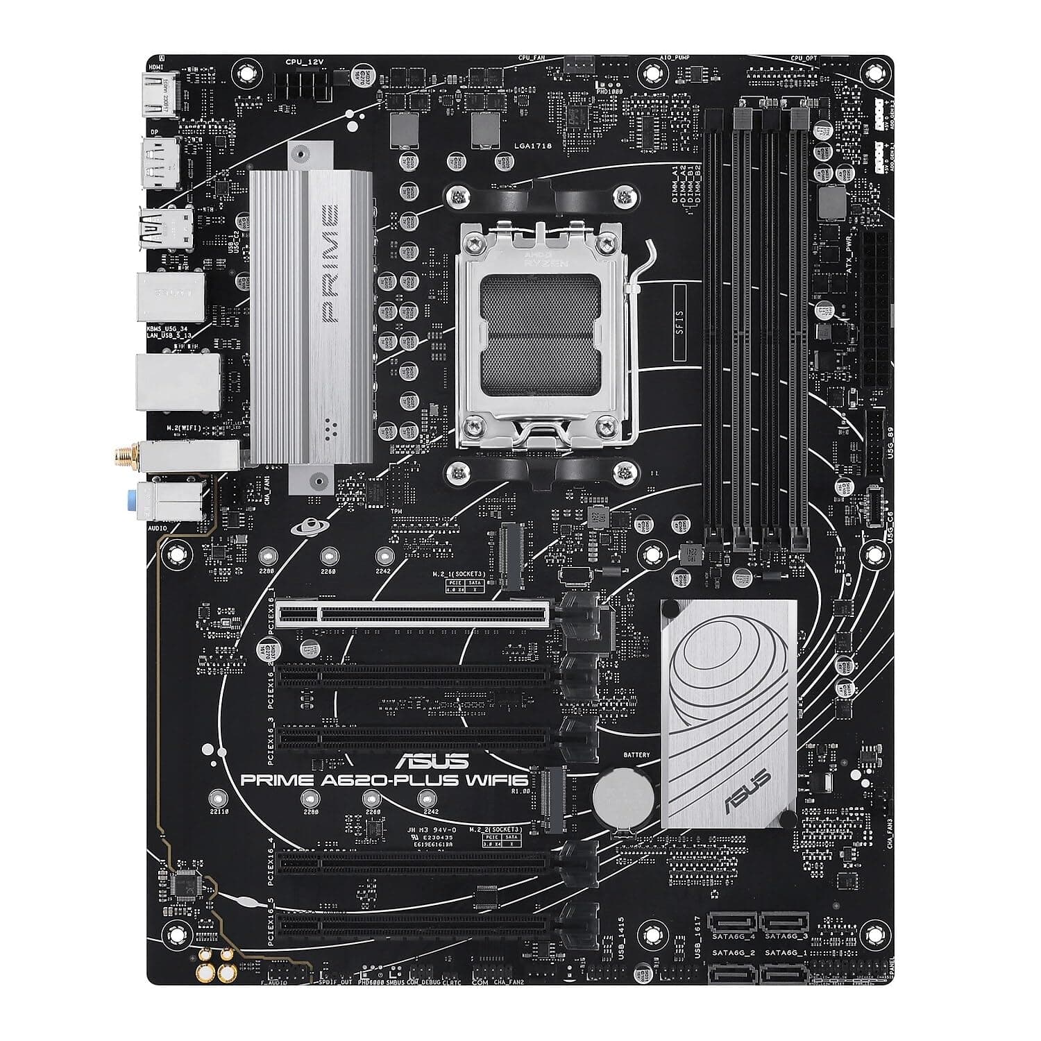 ASUS Prime A620-PLUS WIFI6 AMD A620 AM5 ATX Motherboard, DDR5, PCIe 4.0, Dual M.2 Slots, WiFi 6, DisplayPort/HDMI™, Rear & Front USB 5Gbps Type-C, SATA 6 Gbps, Two-Way AI Noise Cancelation, Aura Sync