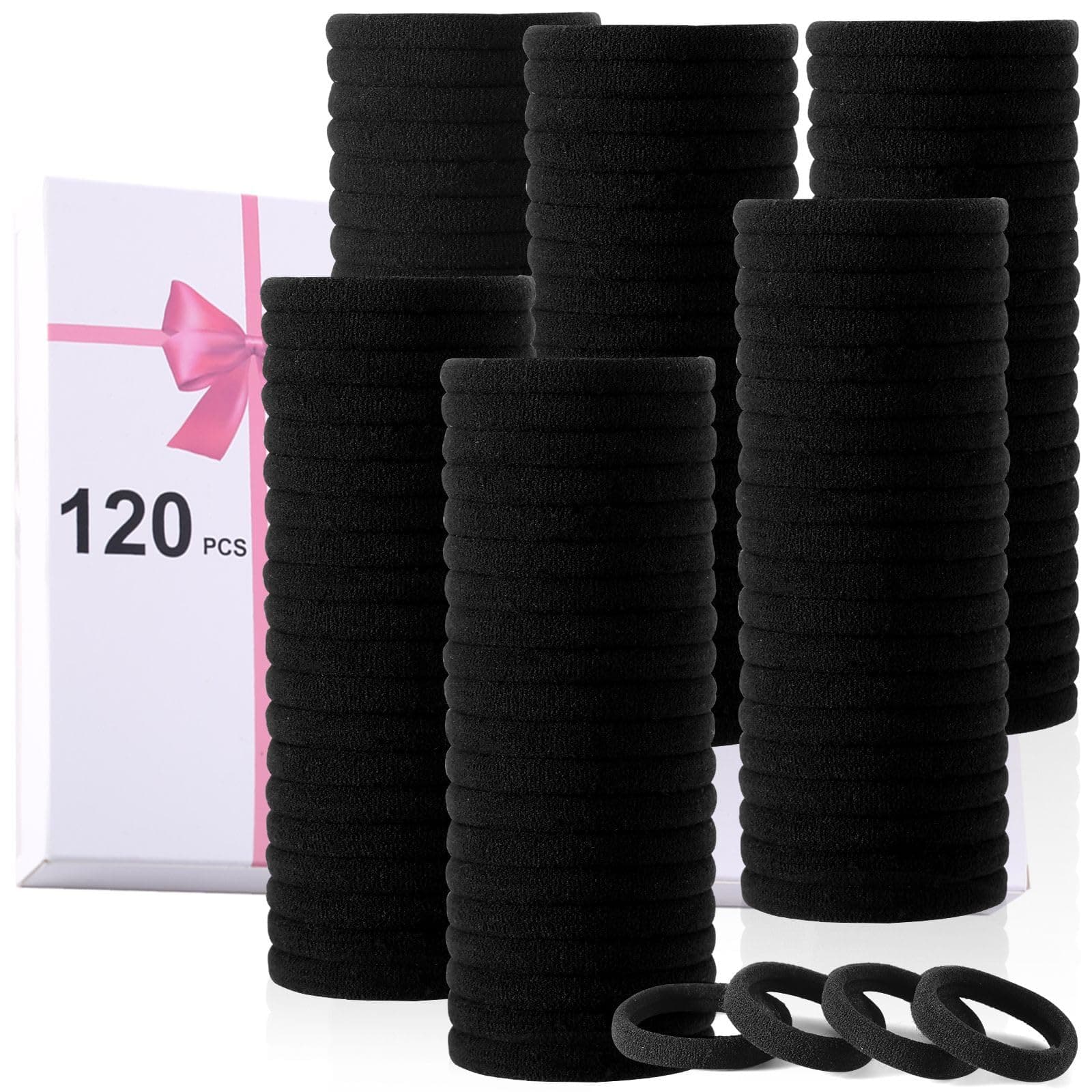 120PCS Black Hair Ties for Thick Hair – Seamless No Damage Elastic Ponytail Holders, Black Hair Band,Bulk Nylon Hair Elastics for Women