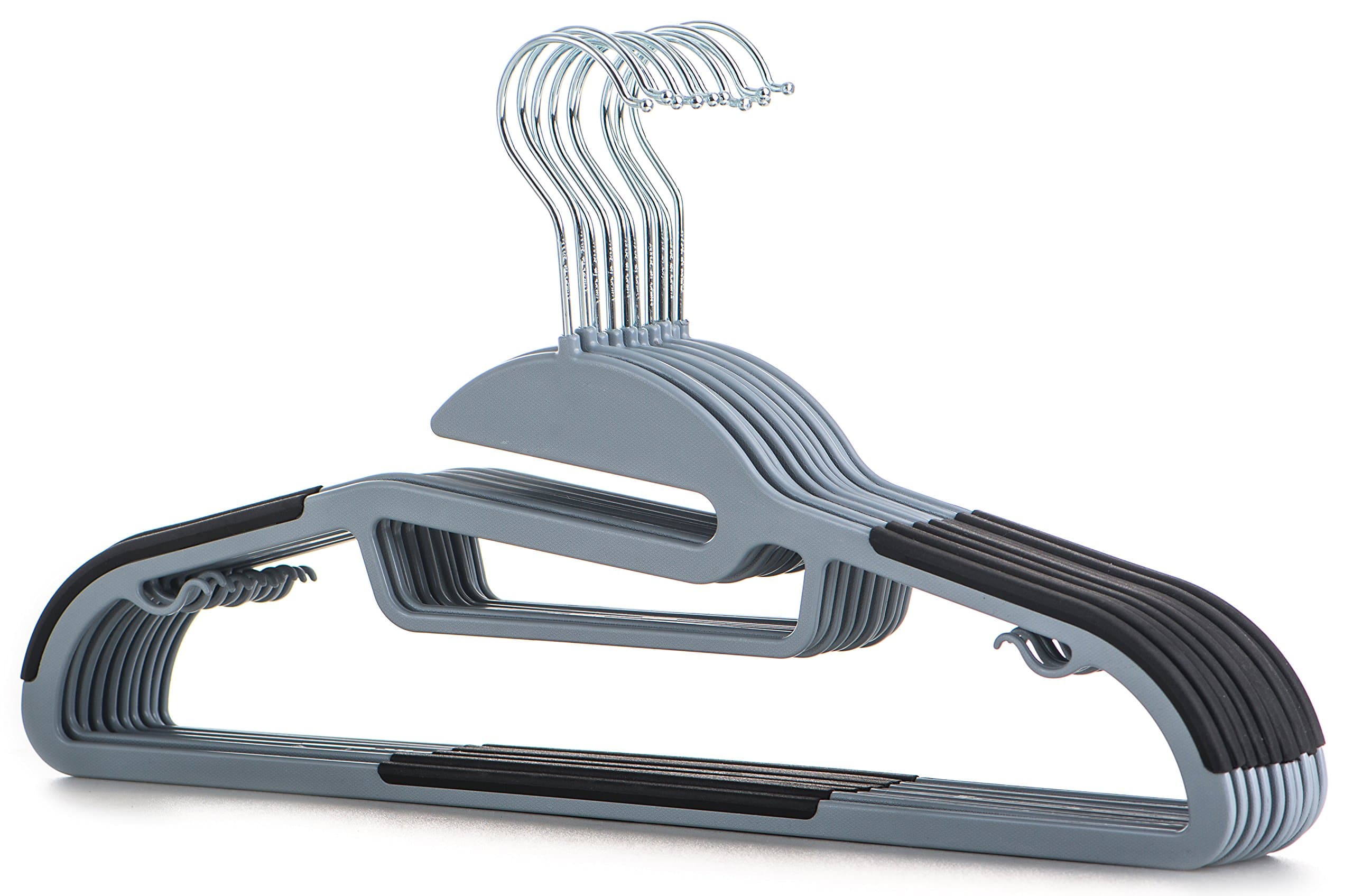 10 pc Premium Quality Easy-On Clothes Hangers - Grey with Black Non-Slip Pads - Space Saving Thin Profile - for Shirts, Pants, Blouses, Scarves – Strong Enough for Coats