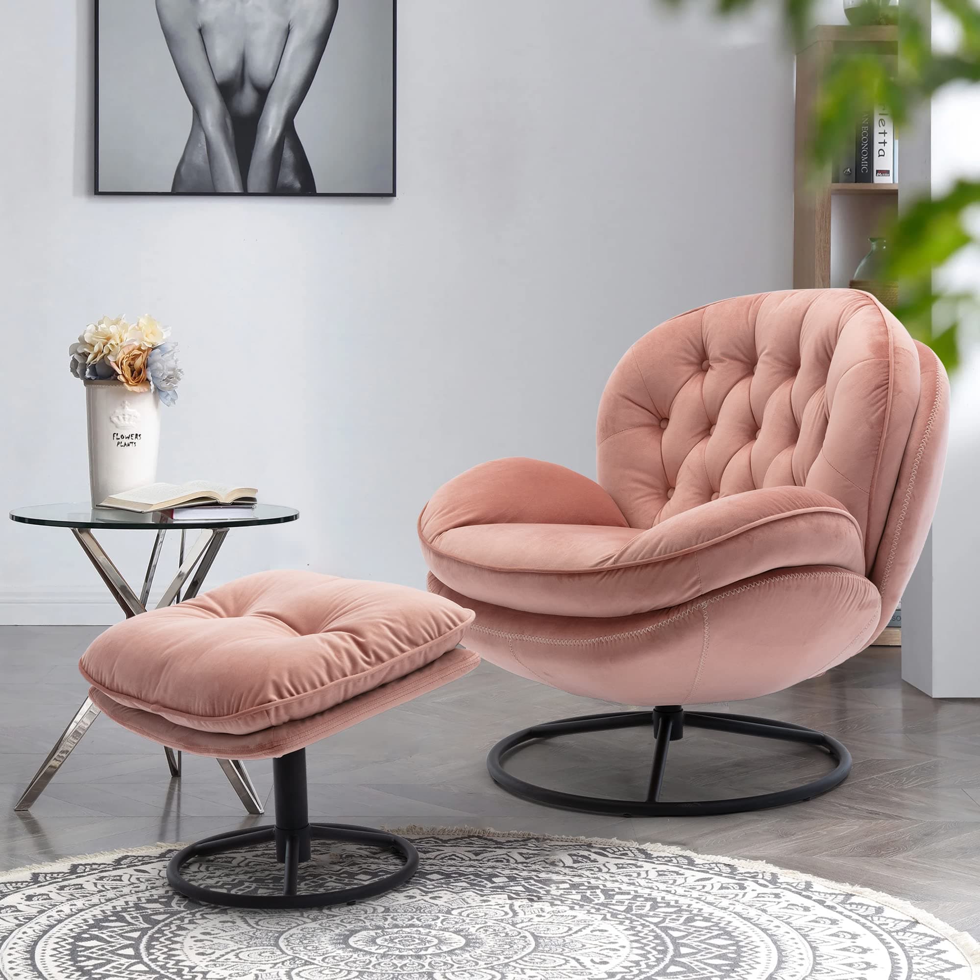 Homsof Velvet Swivel Accent Ottoman Set, Modern Chaise Lounge with Footstool, Comfy Armchair TV Chairs with Metal Legs, one Size, Pink