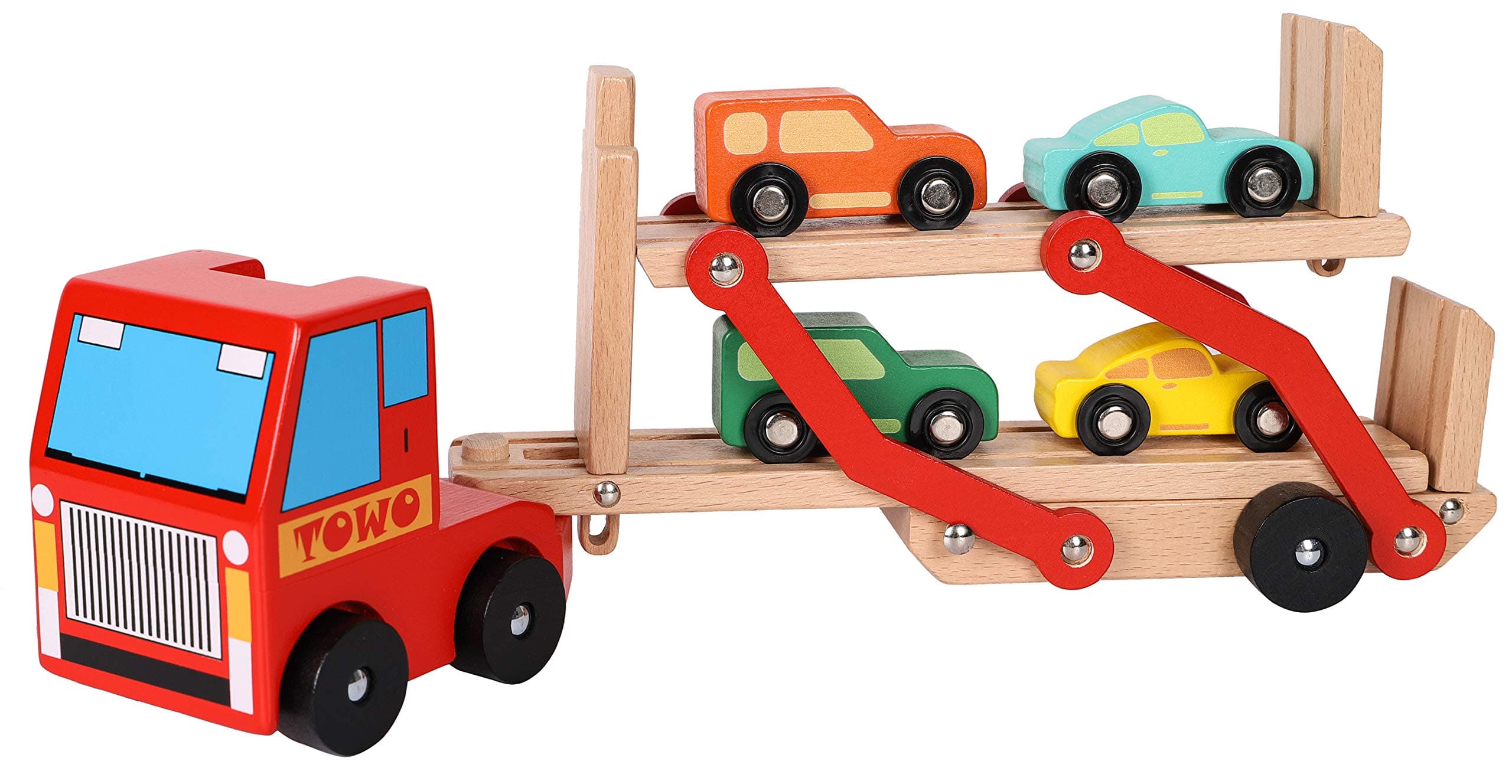 TOWO Wooden Car Transporter Toy Double Decker Trailer with 4 Cars ramp racer - Wooden car Toy Truck Carrier for 3 Years Old Boys Vehicle Toys for kids