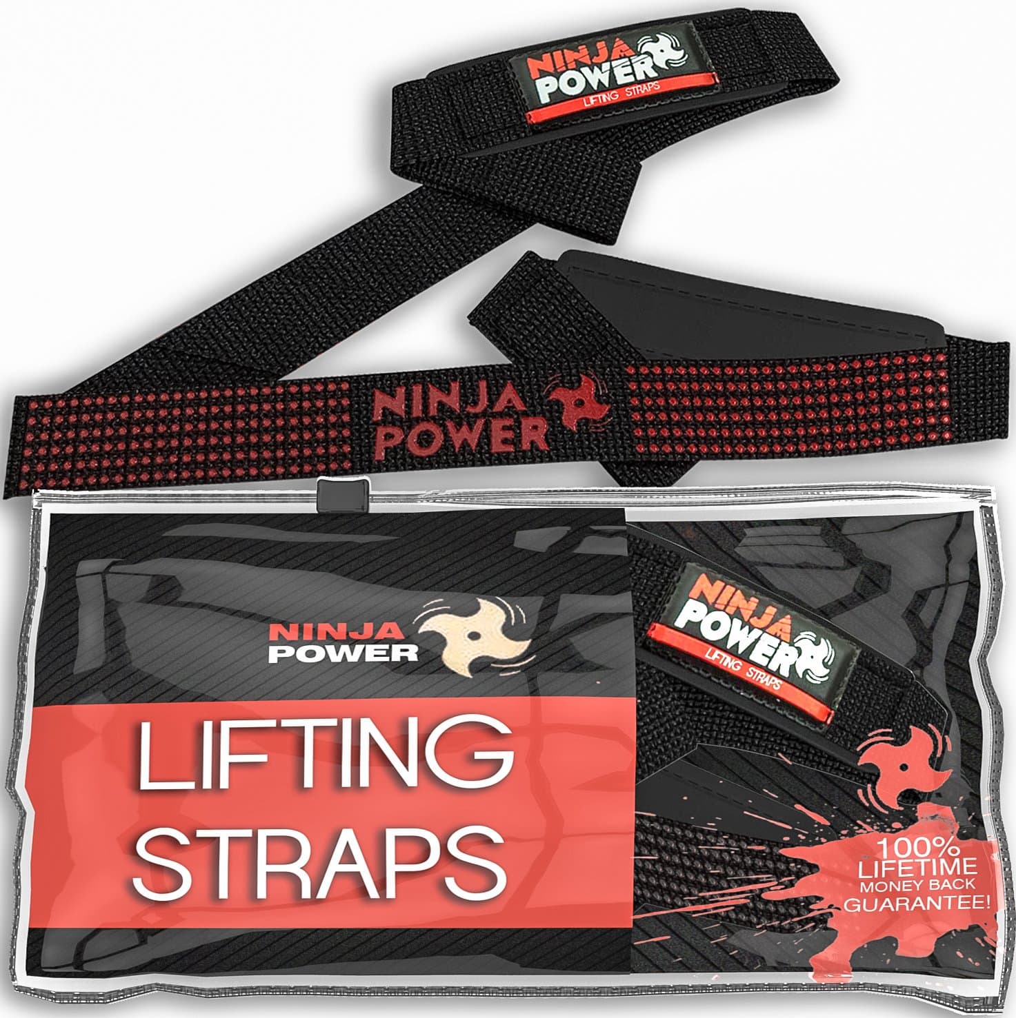 Ninja Power Lifting StrapsSale - Ideal for Weightlifting, Powerlifting, Bodybuilding - Red or Black - Padded for Ultimate Wrist Comfort for Men and Women
