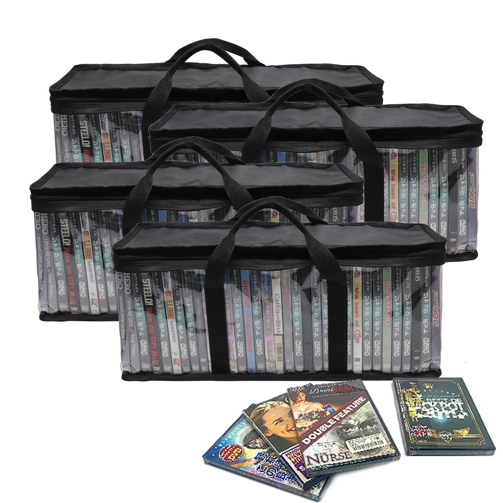 Potable DVD Storage Bags (4-Pack),Stackable Movie DVD Organizer with Handles,Holds up to 160 DVDs (40 Each Bag),Convenient Travel Case for Media
