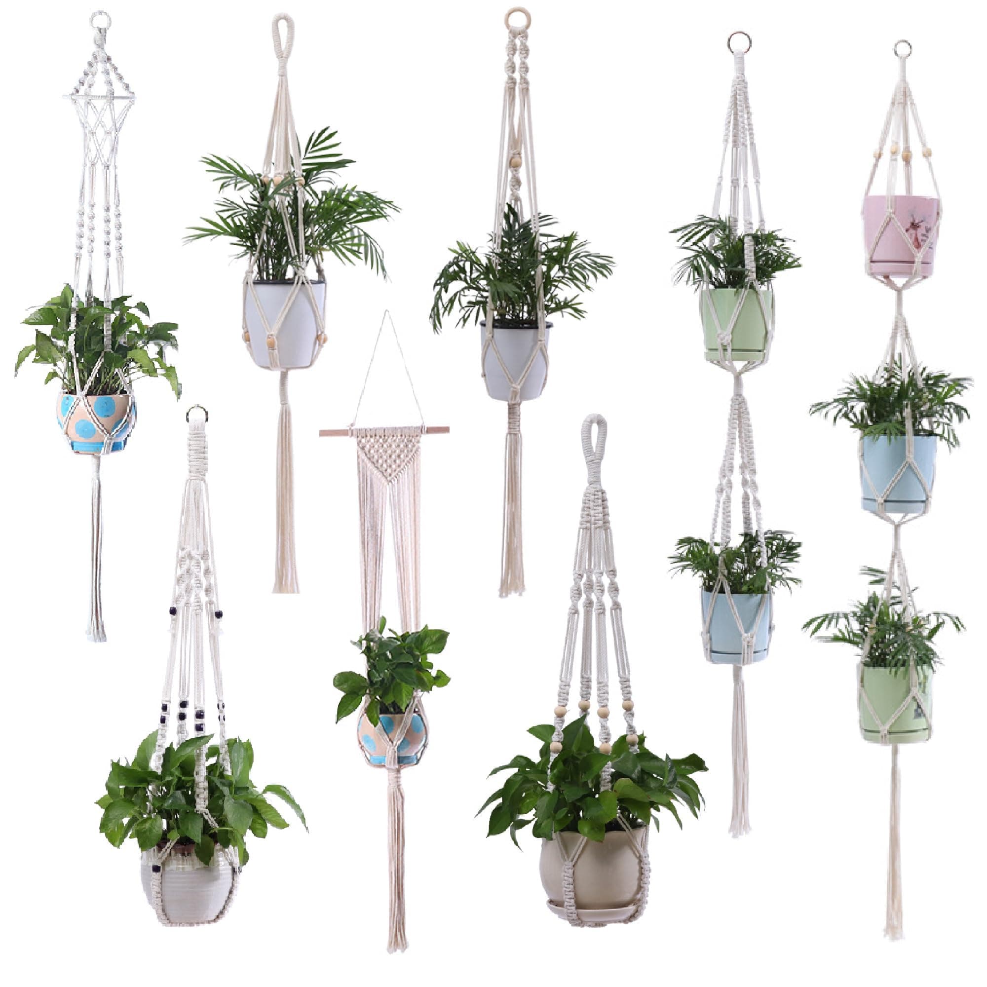 SOOFAMMacrame Plant Hanger, 8 Pack Cotton Rope Hanging Basket, Hanging Planters Set Flower Pots Holder Stand, Different Tiers,for Indoor Outdoor Decor for Restaurant, Hotel, Home