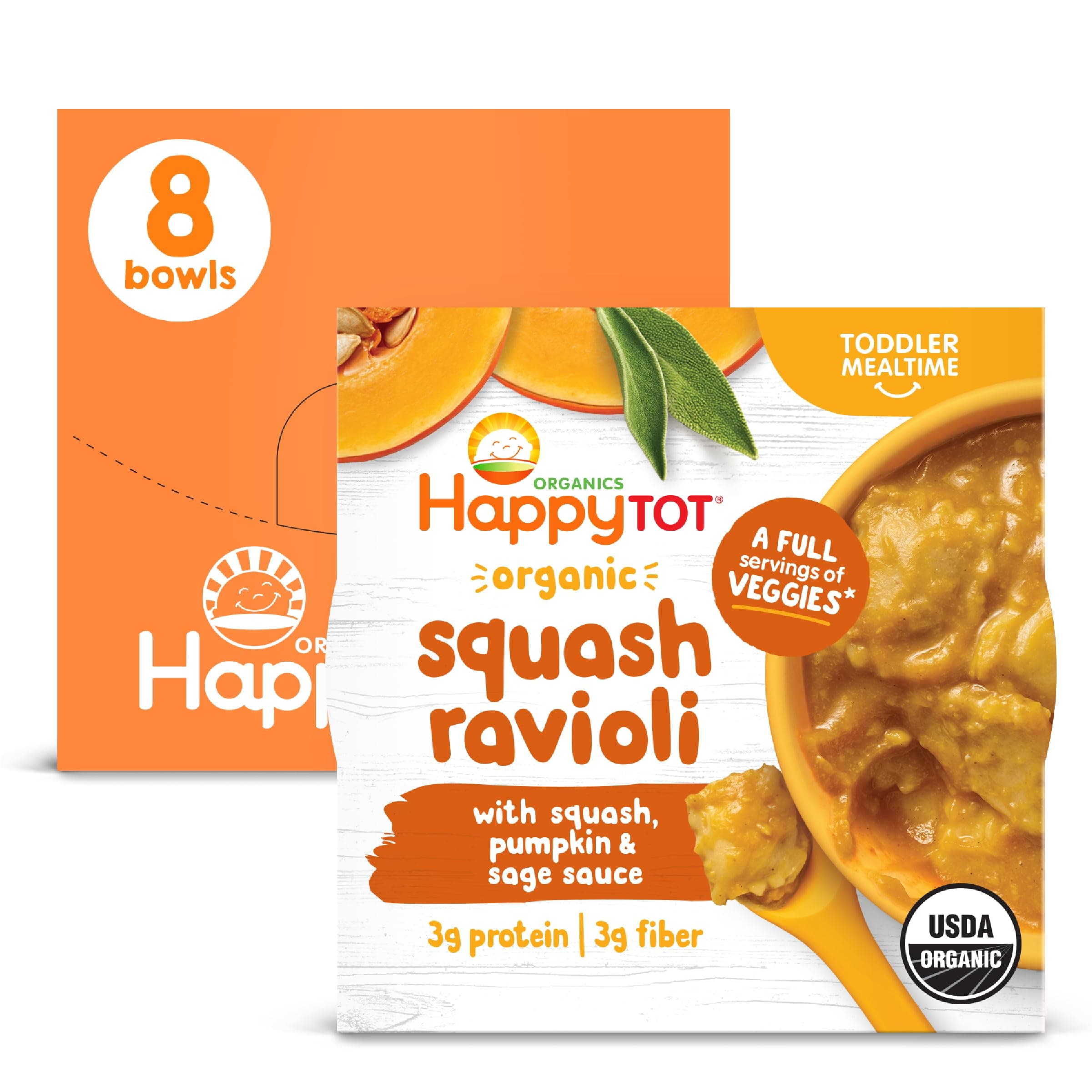 HAPPYTOT Organics Love My Veggies Bowl, Squash Ravioli with Squash, Pumpkin & Sage Sauce, 4.5 Ounce Pouch (Pack of 8) packaging may vary