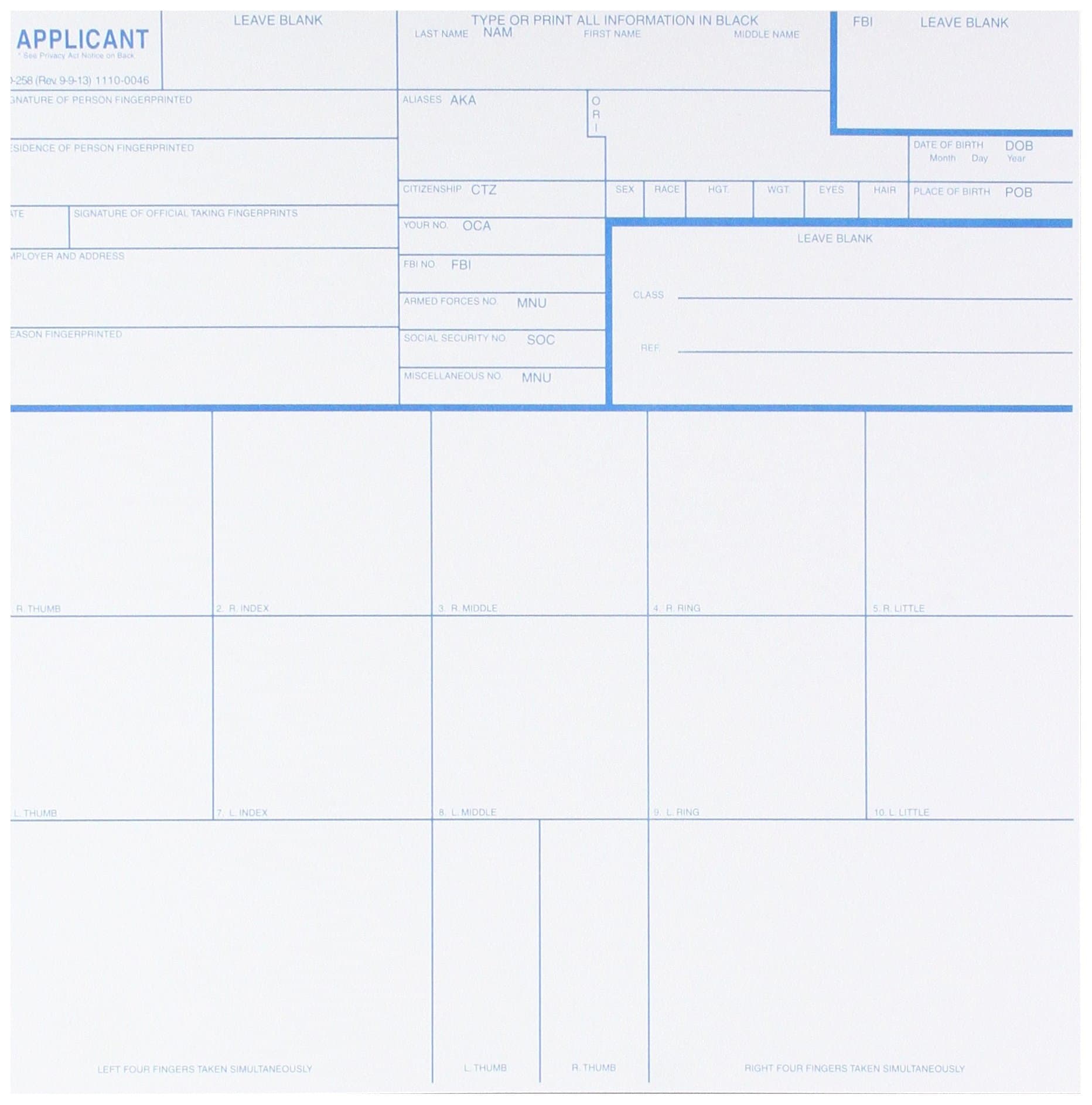 Federal Bureau of Investigation CS-10PK Fingerprint Cards, Applicant Fd-258, Pack of 10