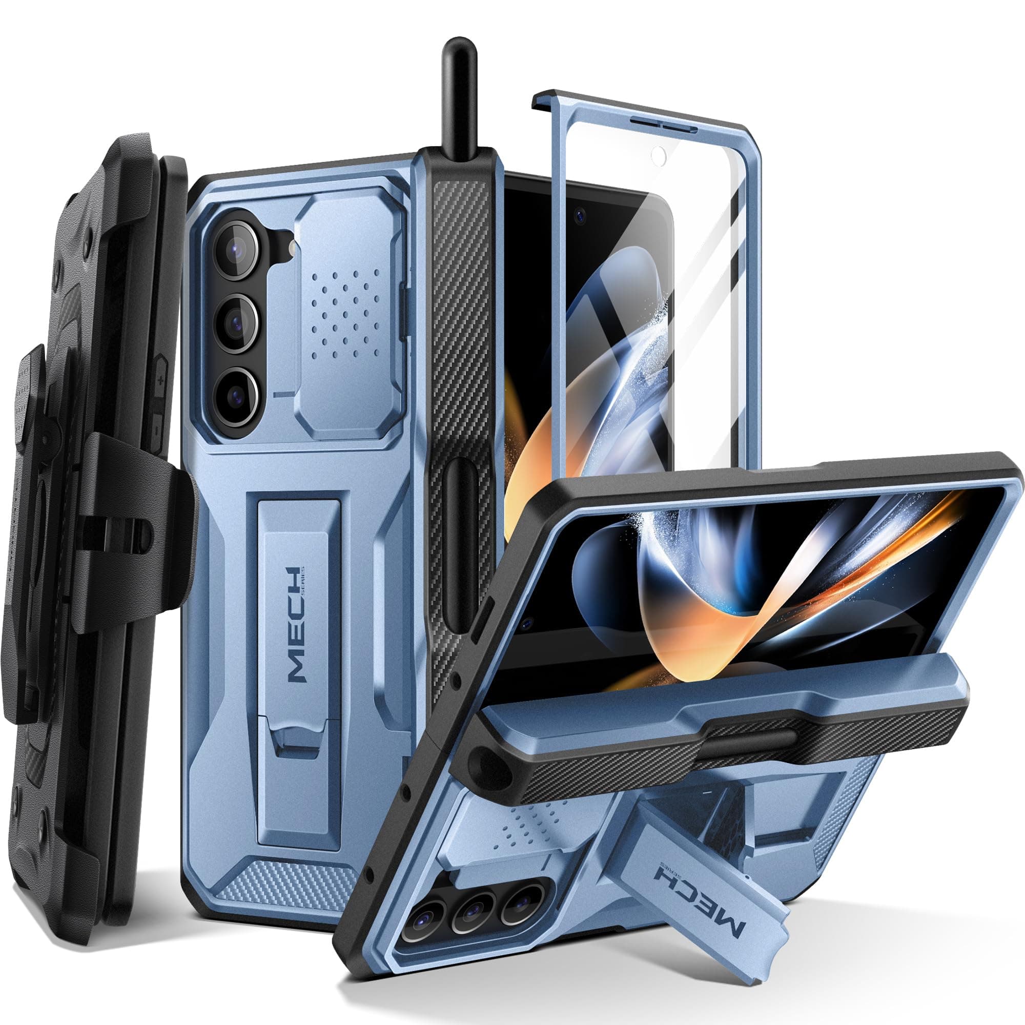 TONGATE Galaxy Z Fold 5 Case with S Pen Holder, Screen Protector, Kickstand, Full-Body Rugged Hinge Protection, Belt-Clip & Camera Cover for Samsung Galaxy Z Fold 5, Blue