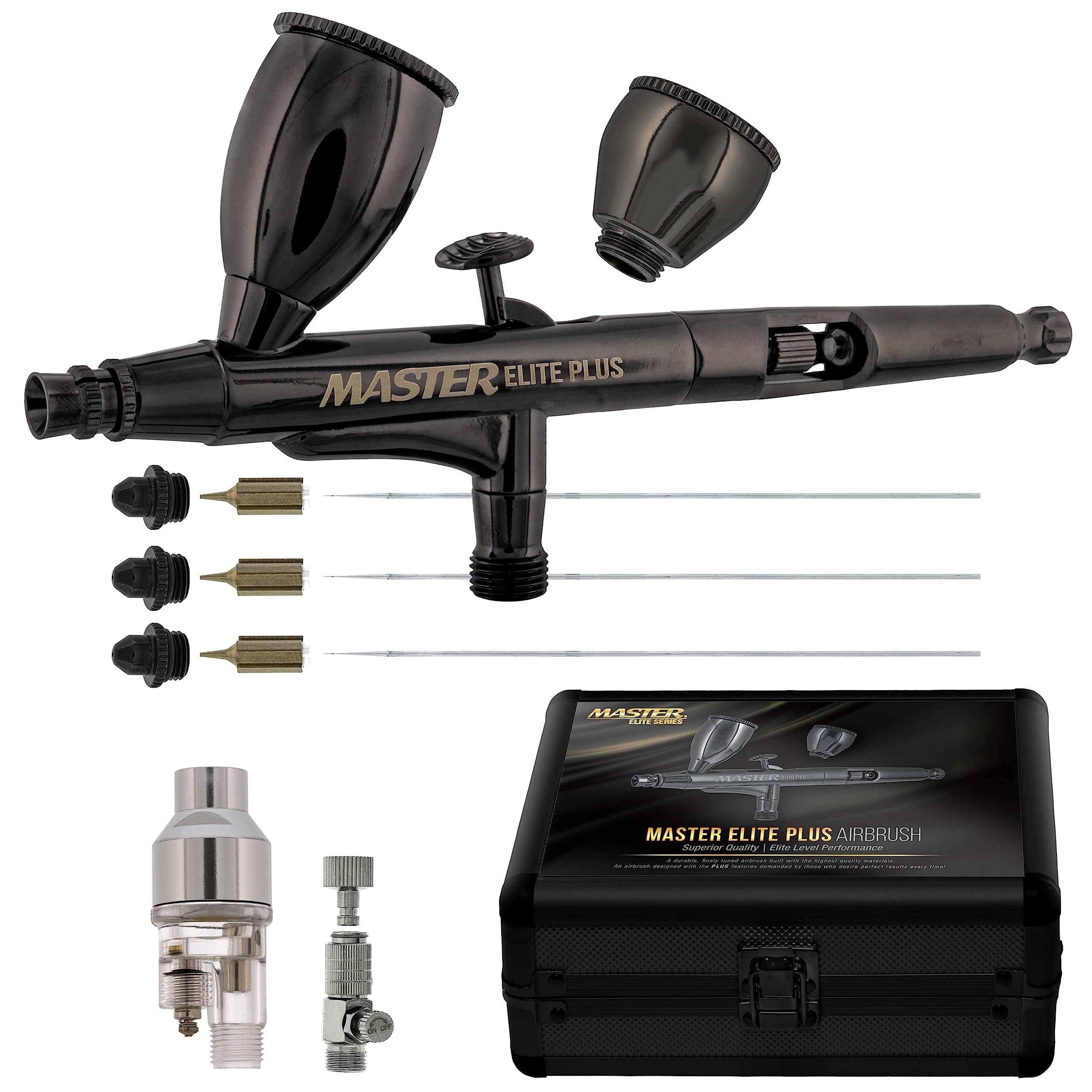 Master Airbrush Elite Plus Ultimate Set, Model 120 - Elite Level Spray Performance Dual-Action Gravity Feed Kit with 3 Tips 0.2, 0.3 and 0.5 mm, 2 Cups, Filter, Case - Auto Art Cake Hobby